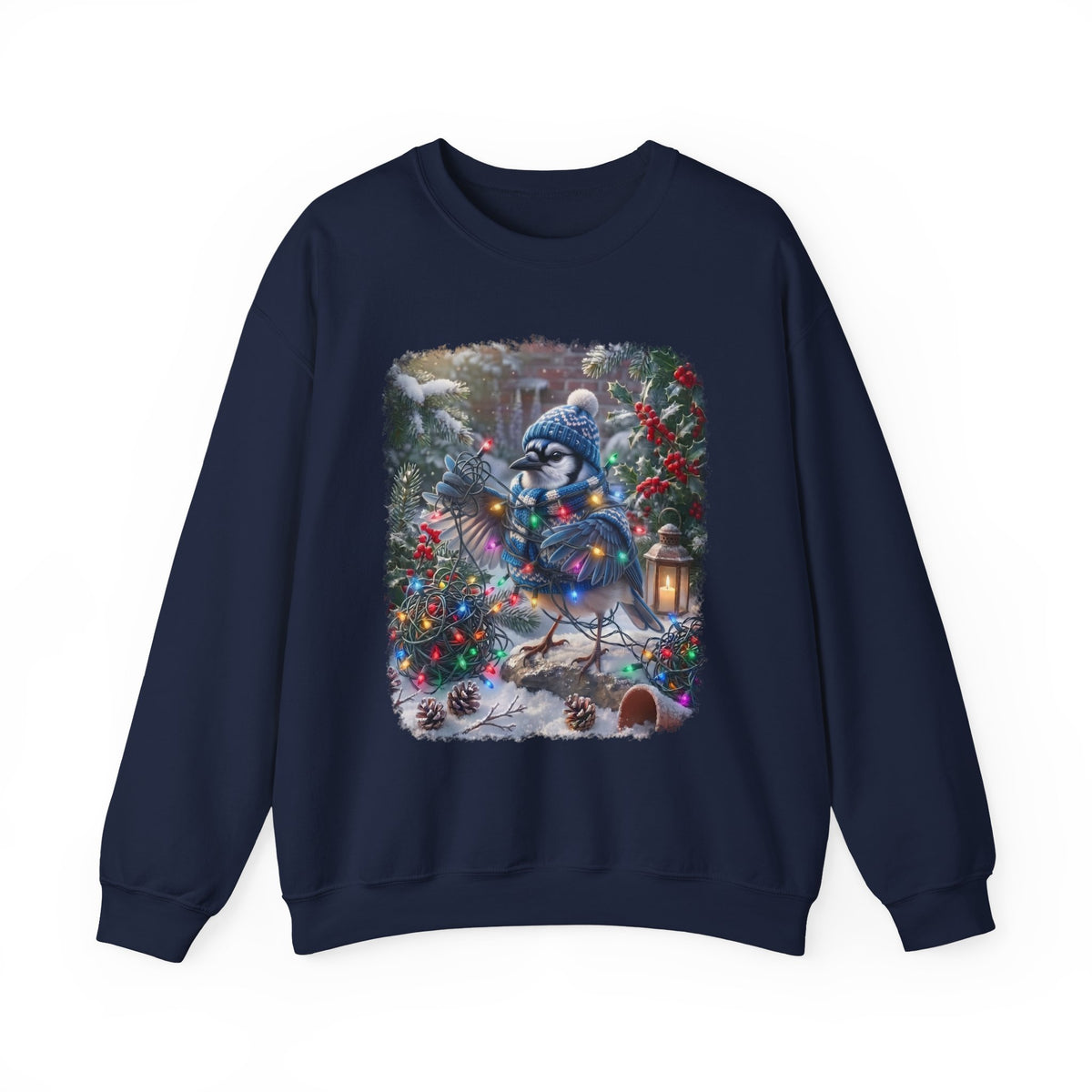 A navy blue crewneck sweatshirt featuring a large, colorful graphic print of a blue jay decorated for Christmas on a snowy porch.