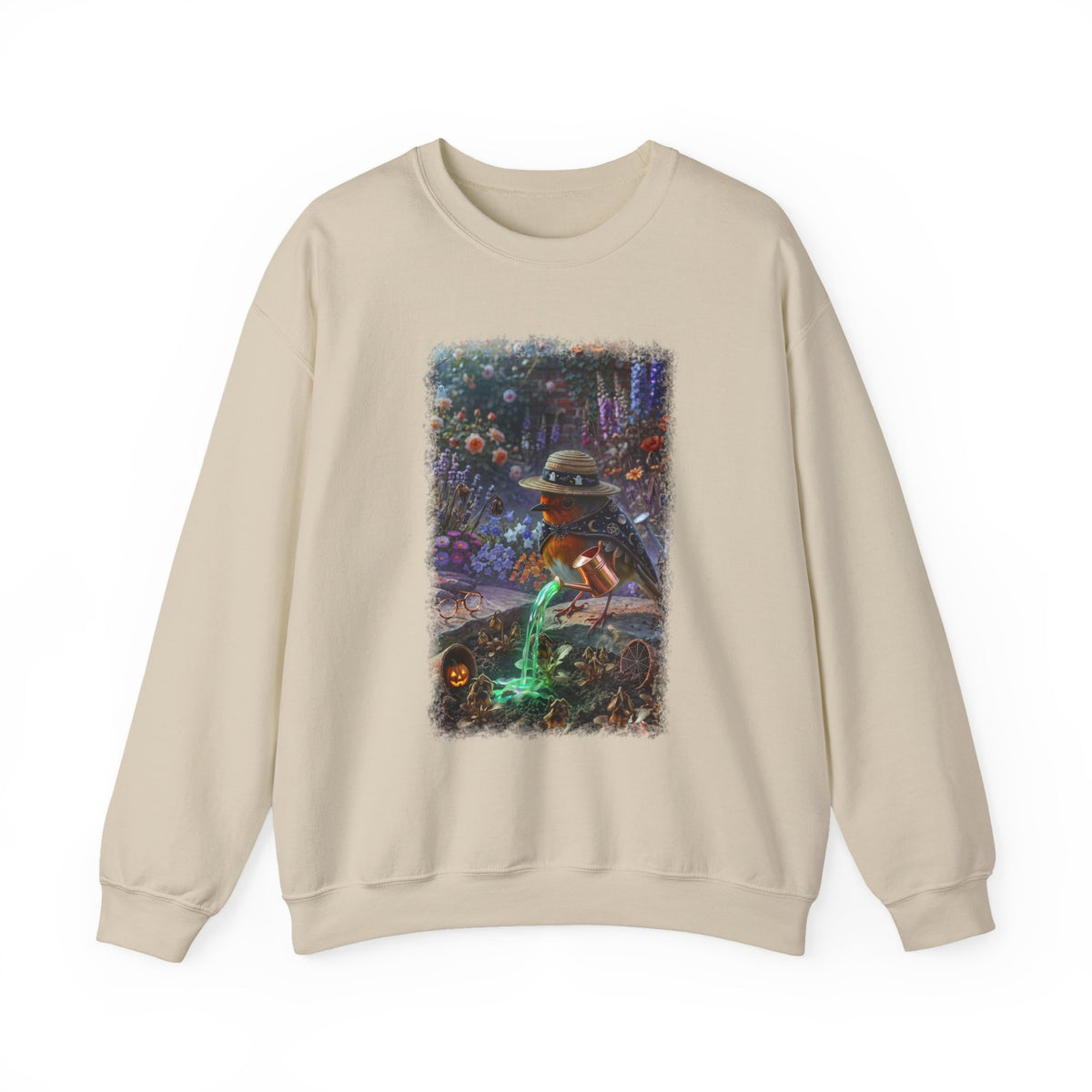 A beige crewneck sweatshirt featuring a large, colorful graphic print on the front depicting a cartoon robin bird character in a hat amidst a spooky, colorful background.