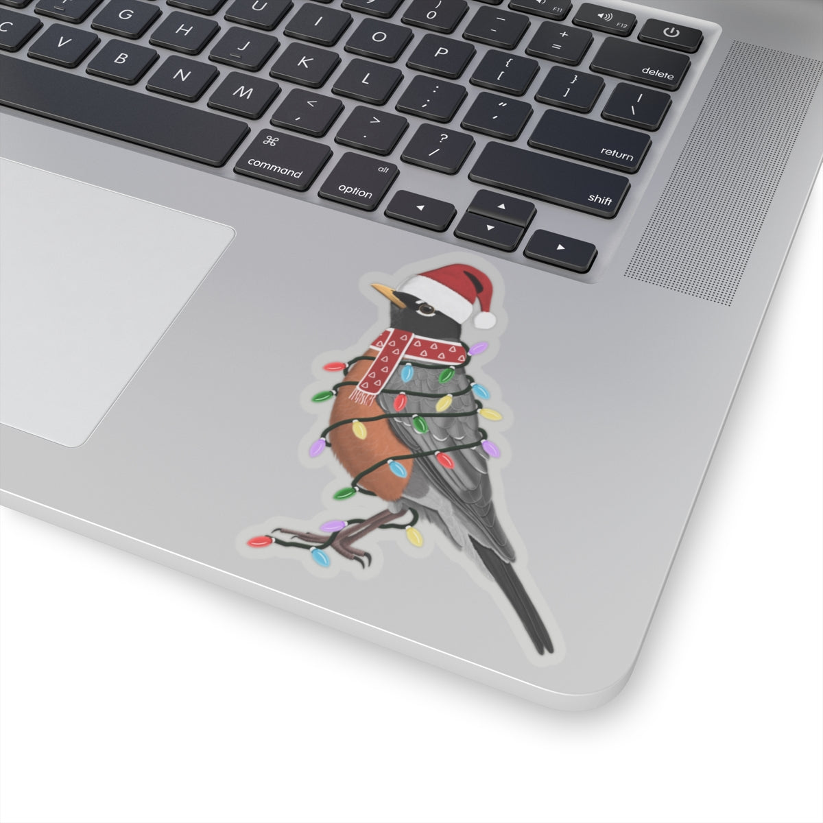 Robin with Fairy Lights Santa Claus Hat and Scarf Christmas Bird Sticker
