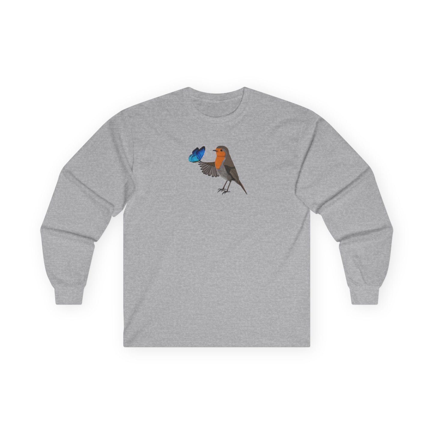 Robin with Butterfly Birding & Birdwatching Bird Cotton Long Sleeve T-Shirt