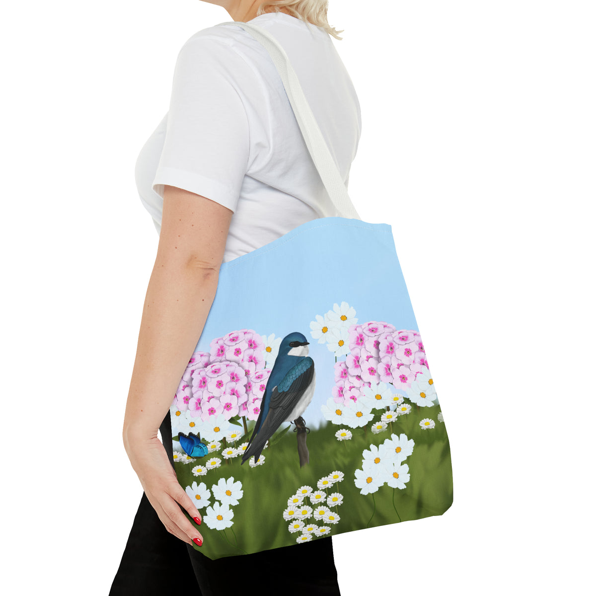 Tree Swallow in Summer Flowers Bird Tote Bag 16"x16" - jz.birds