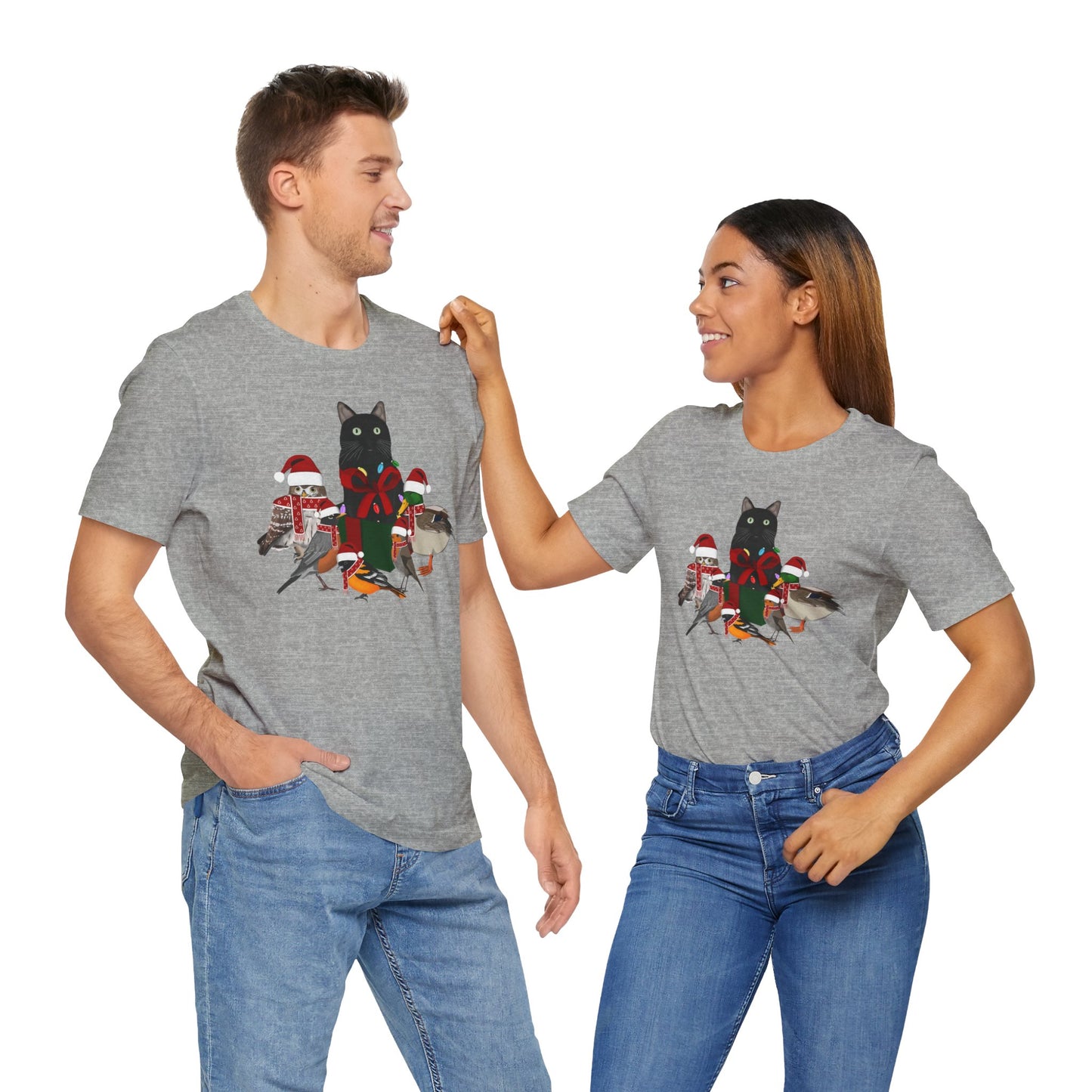 Robin Mallard Oriole Owl with Cat in a Box and Fairy Lights Christmas Bird T-Shirt