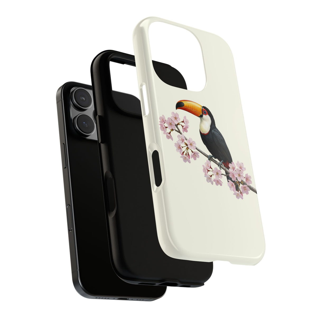 Custodia per cellulare Tukan in bianco crema | Motivo floreale con uccello e fiori di ciliegio per iPhone e Google Pixel