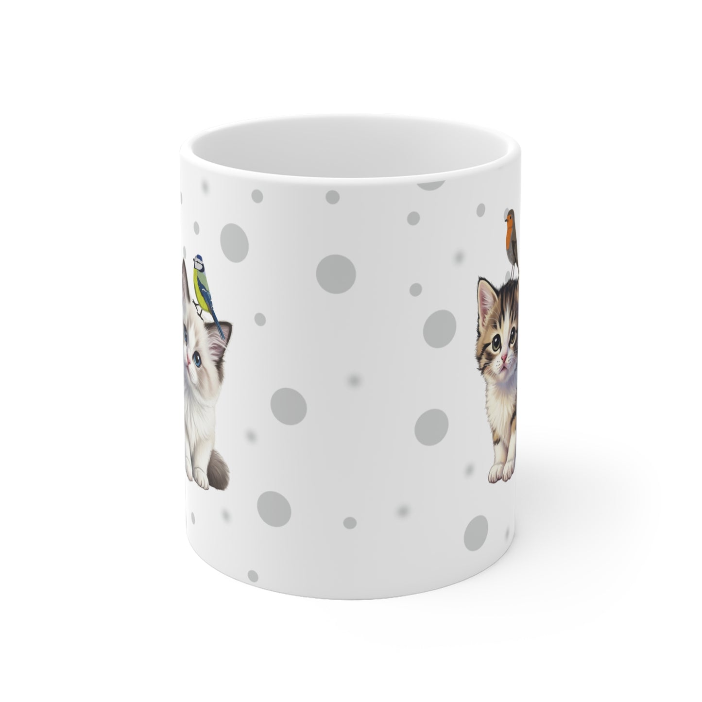 Katzenbabys Kätzchen Tasse mit Rotkehlchen und Blaumeise Tiermotiv Punkte Grau