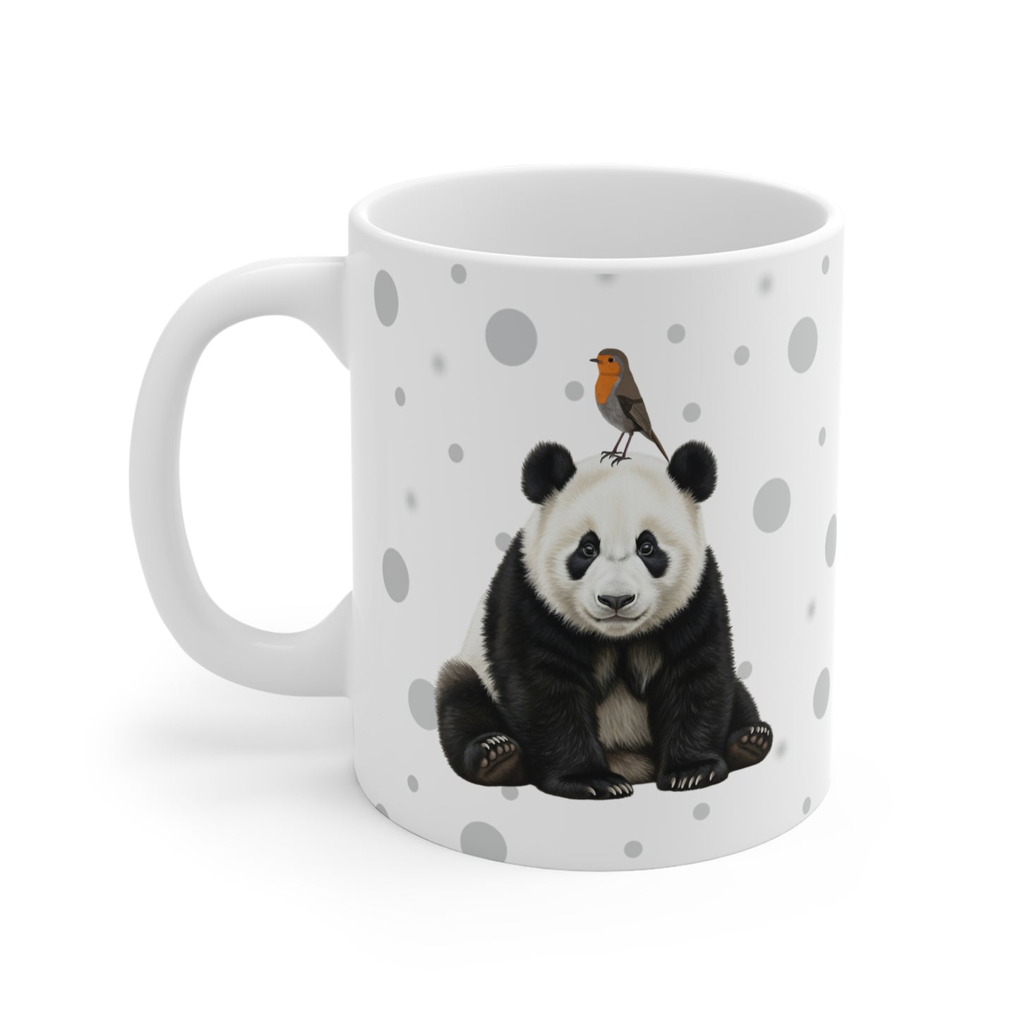 Rotkehlchen mit einem Panda Vogel Tiermotiv Tasse Punkte Grau