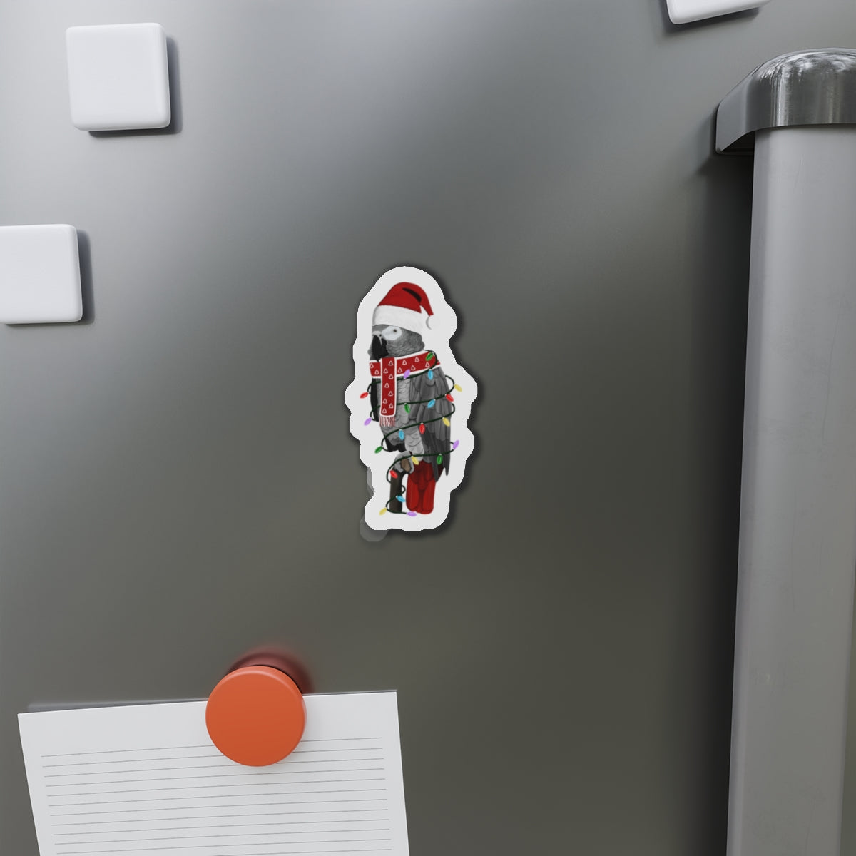 Grey Parrot with Fairy Lights and Scarf Christmas Bird Magnet