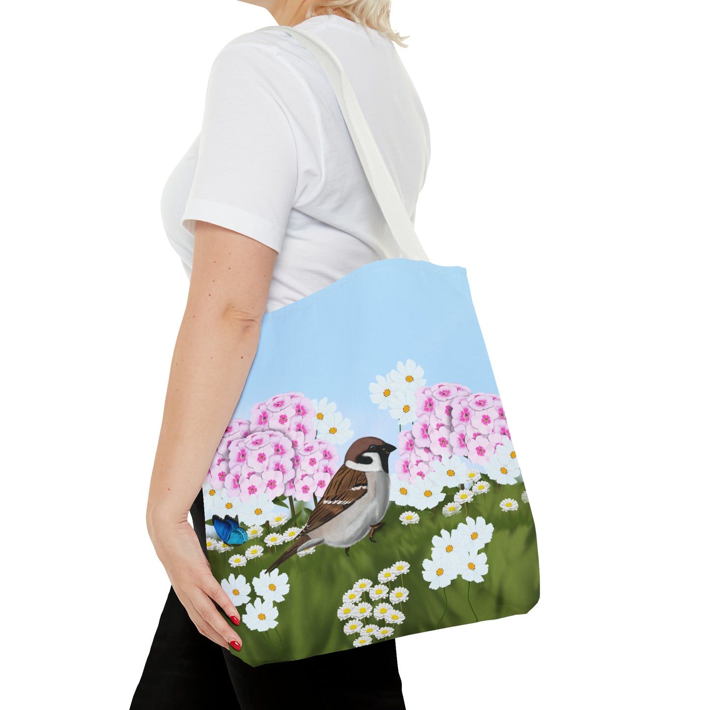 Tree Sparrow in Summer Flowers Bird Tote Bag 16"x16" - jz.birds