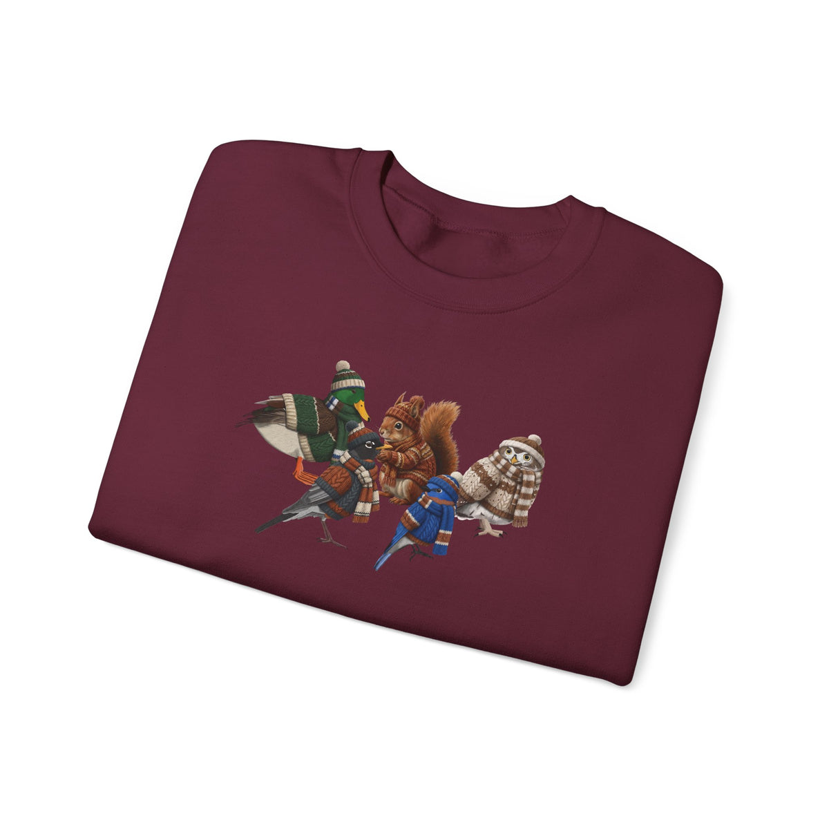 Cozy Winter Crewneck: Backyard Birds & Squirrel in Knitwear