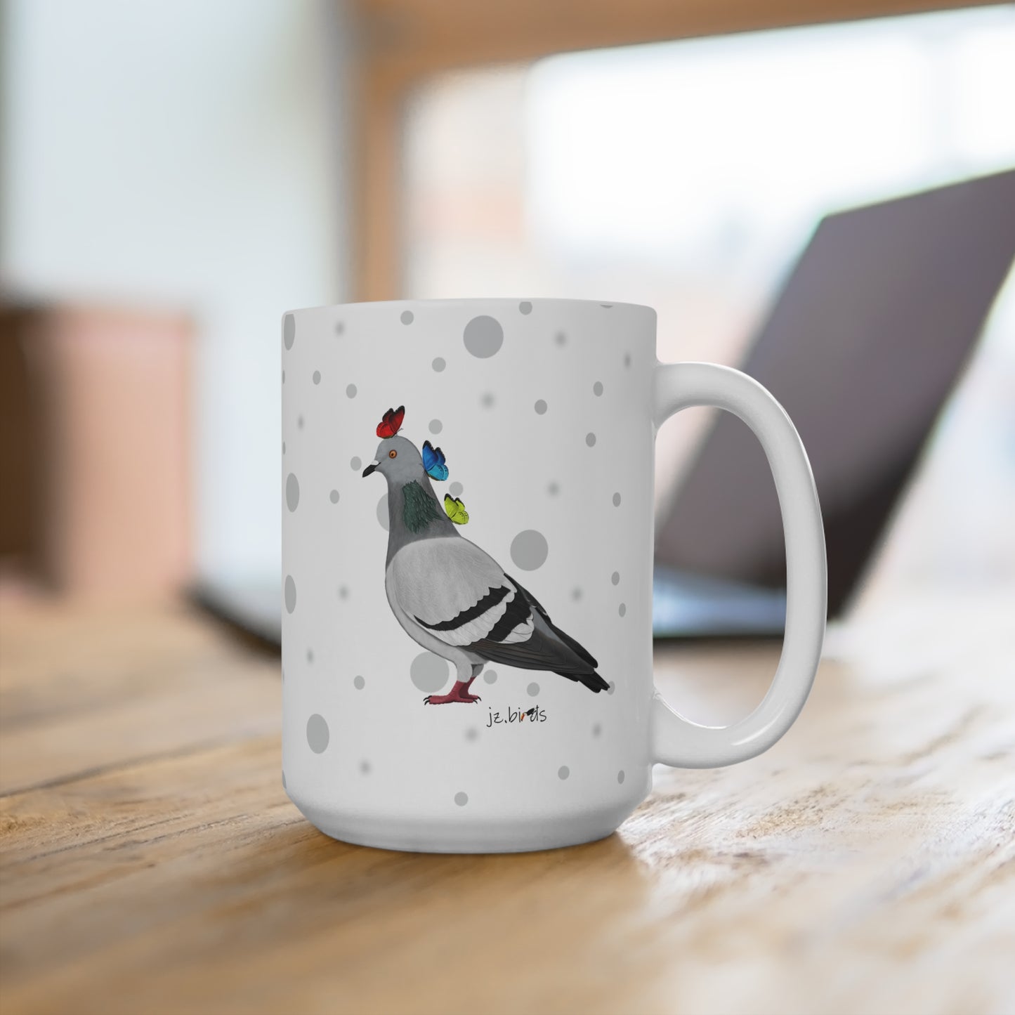 Taube mit Schmetterlingen Vogel Tasse Punkte Grau