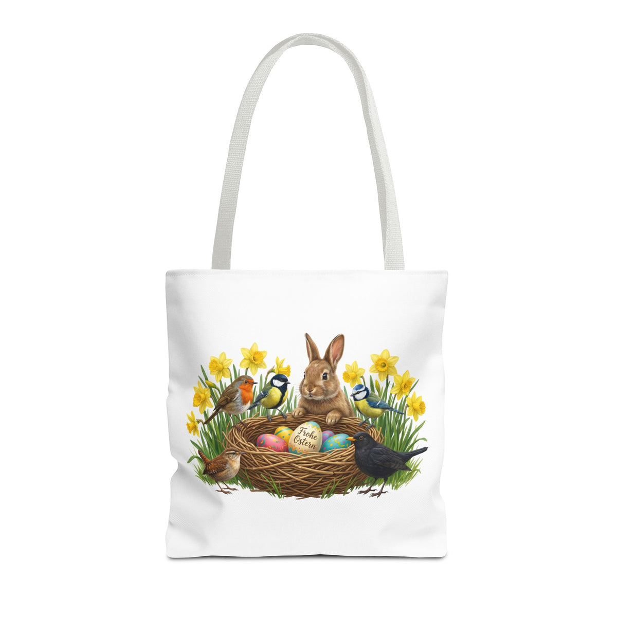 Robuste Einkaufstasche Frühling: Kaninchen, Amsel, Rotkehlchen & Meisen am Osternest | 40x40cm Shopper