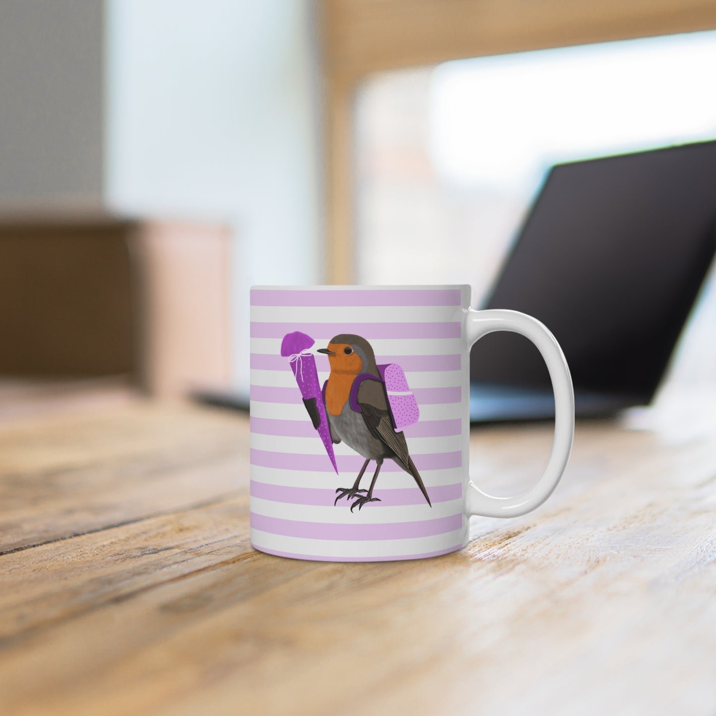 Rotkehlchen Vogel Tasse als Geschenk zur Einschulung Rosa Weiß