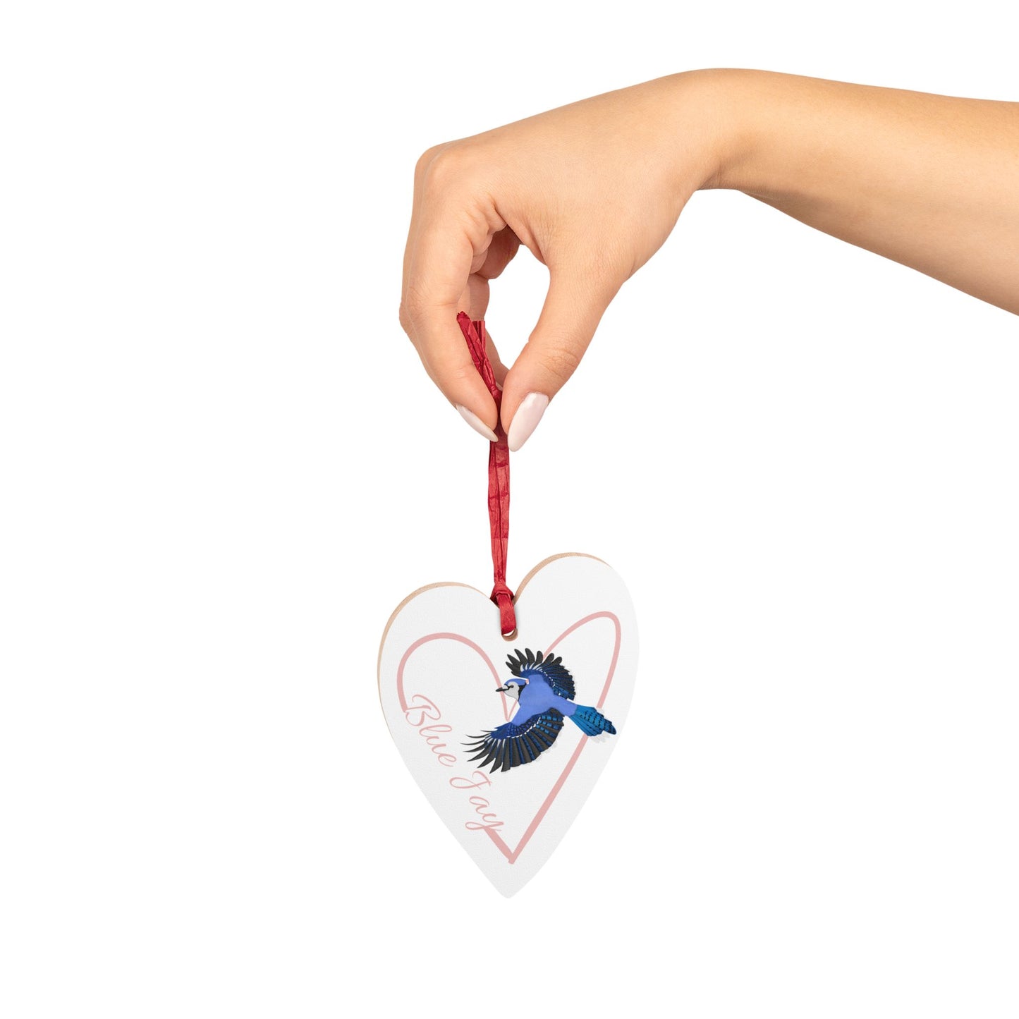 Heart-Shaped Wooden Ornament with Blue Jay - Perfect for Bird Lovers