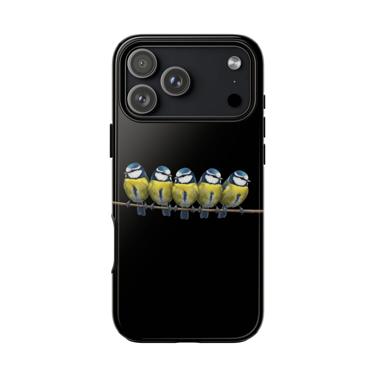 Funda premium para móvil de carbonero azul en una rama – Doble protección e impresión integral, negra