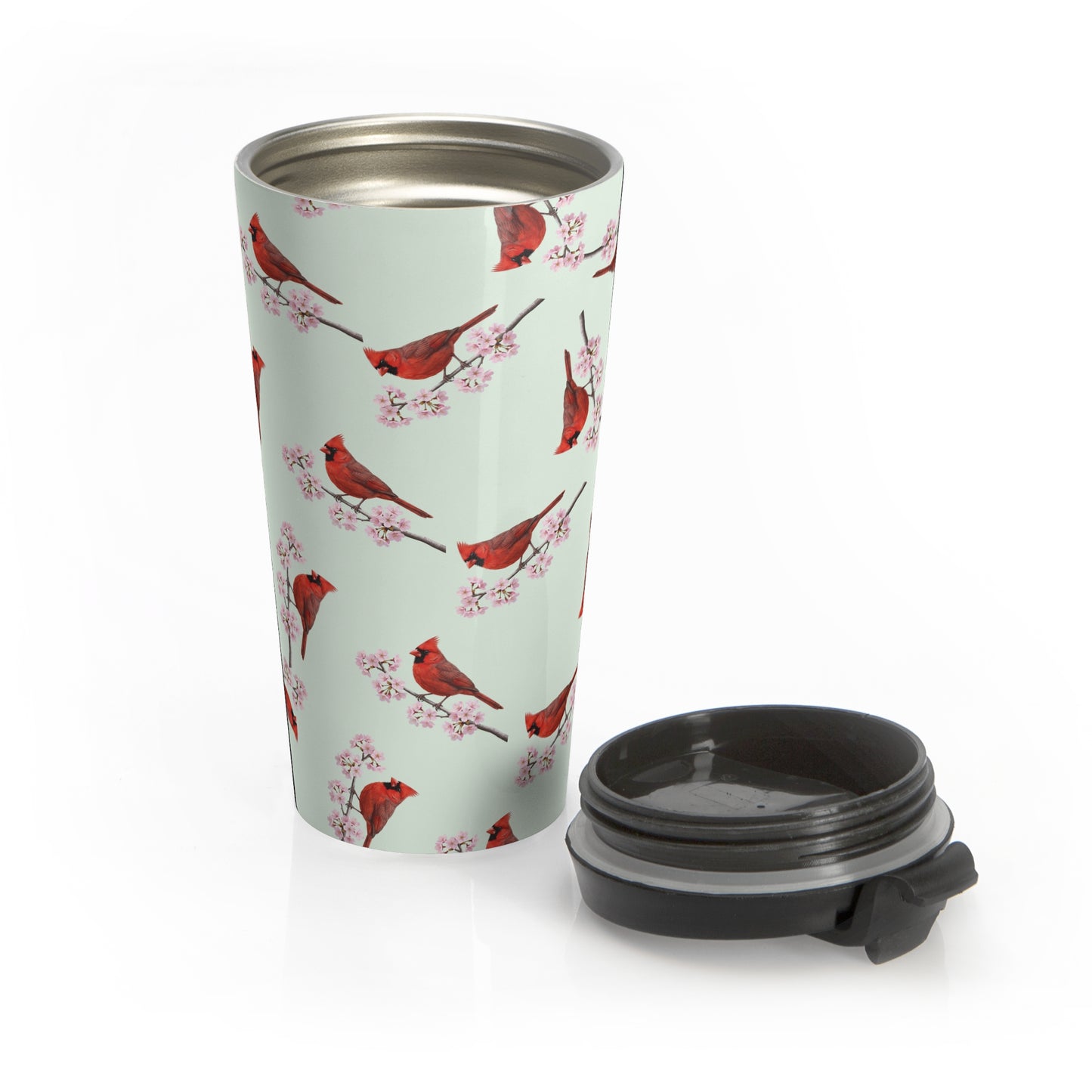 Northern Cardinal & Cherry Blossom Travel Tumbler Sage Green | 15oz Birdwatching Coffee Mug –