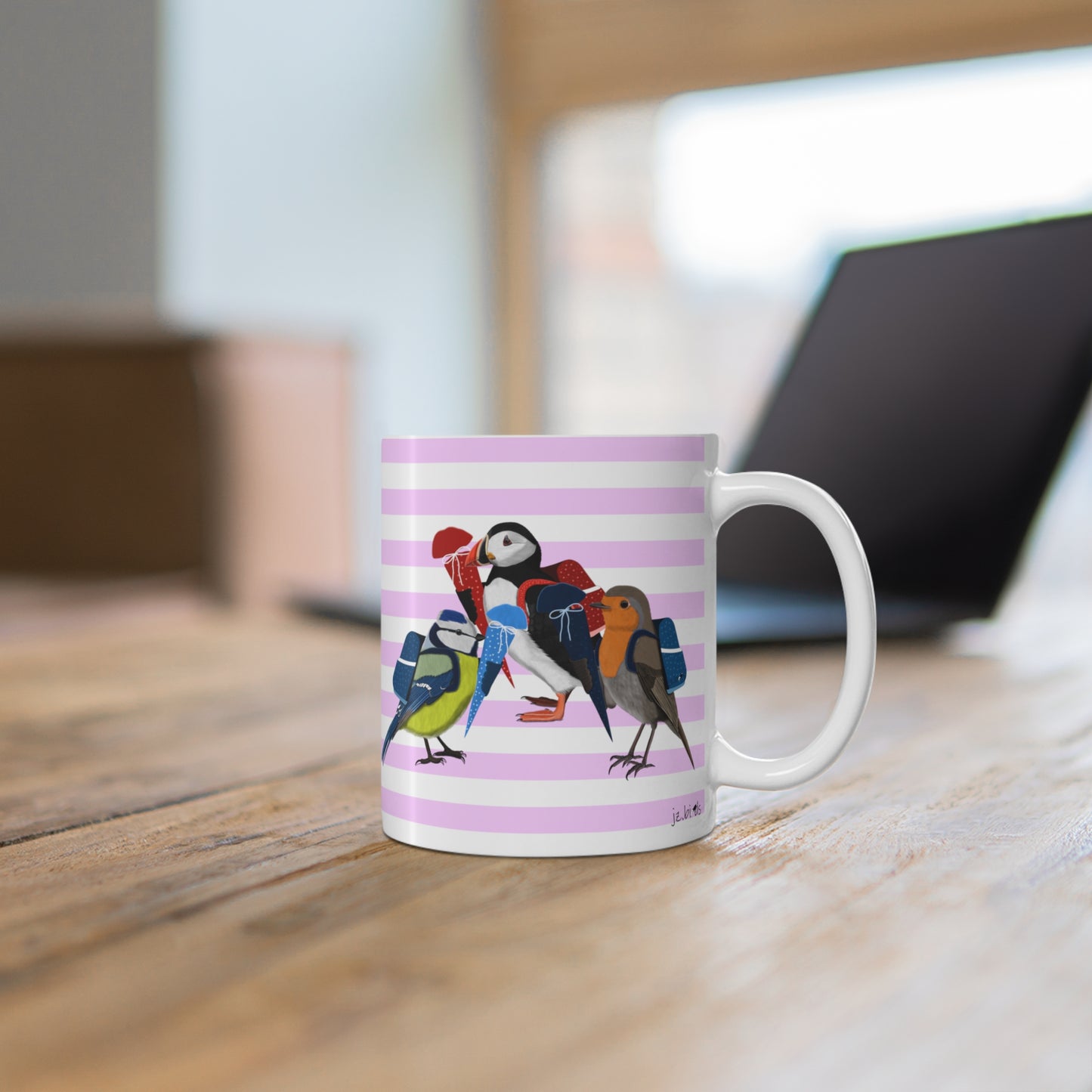 Robin Puffin Blue Titmouse School Enrollment First Day of School Bird Ceramic Mug 11oz Pink