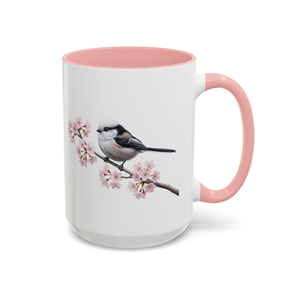 Long Tailed Titmouse Cherry Blossom Mug | Pink Ceramic Coffee Cup for Bird Lovers in