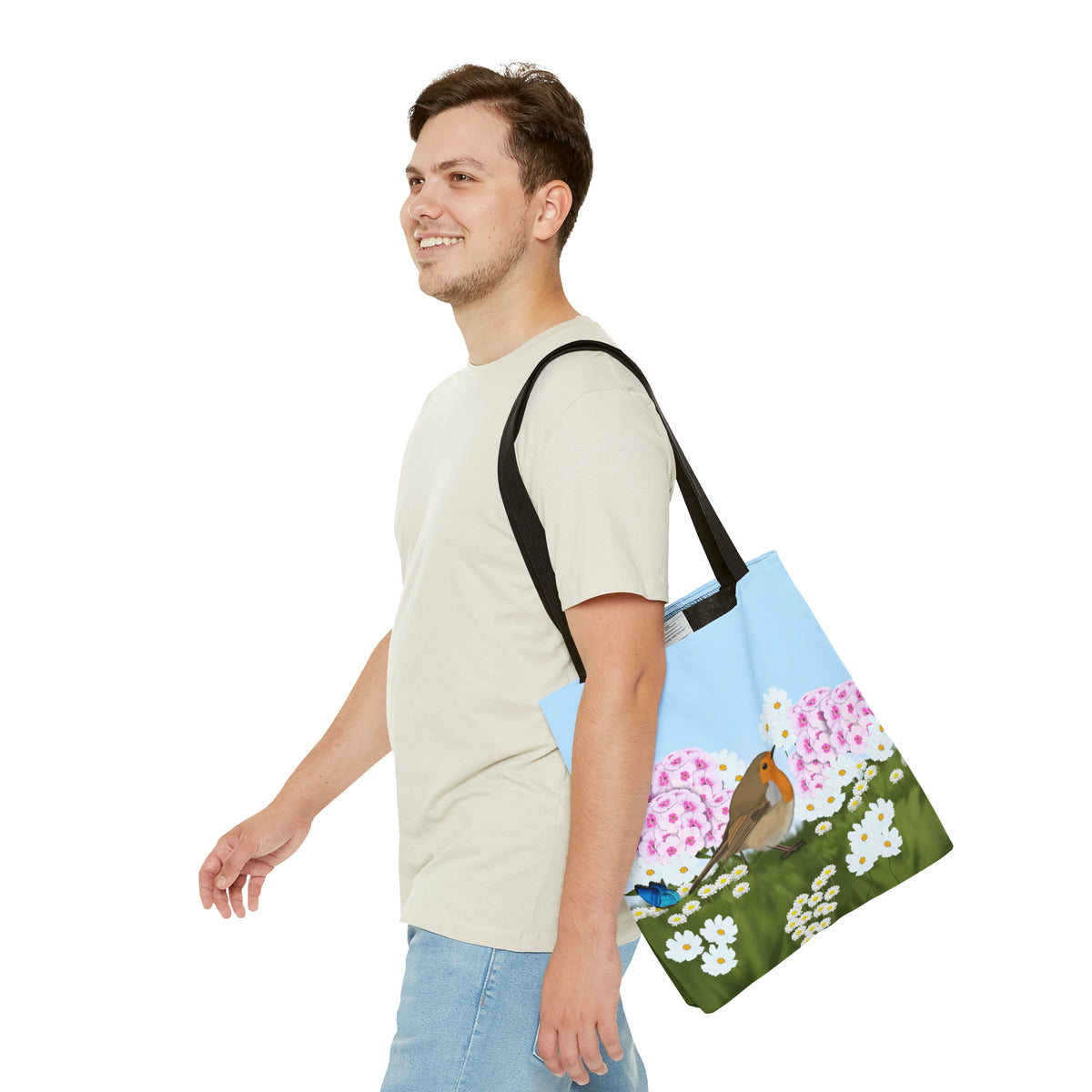 Robin in Summer Flowers Bird Tote Bag 16"x16" - jz.birds