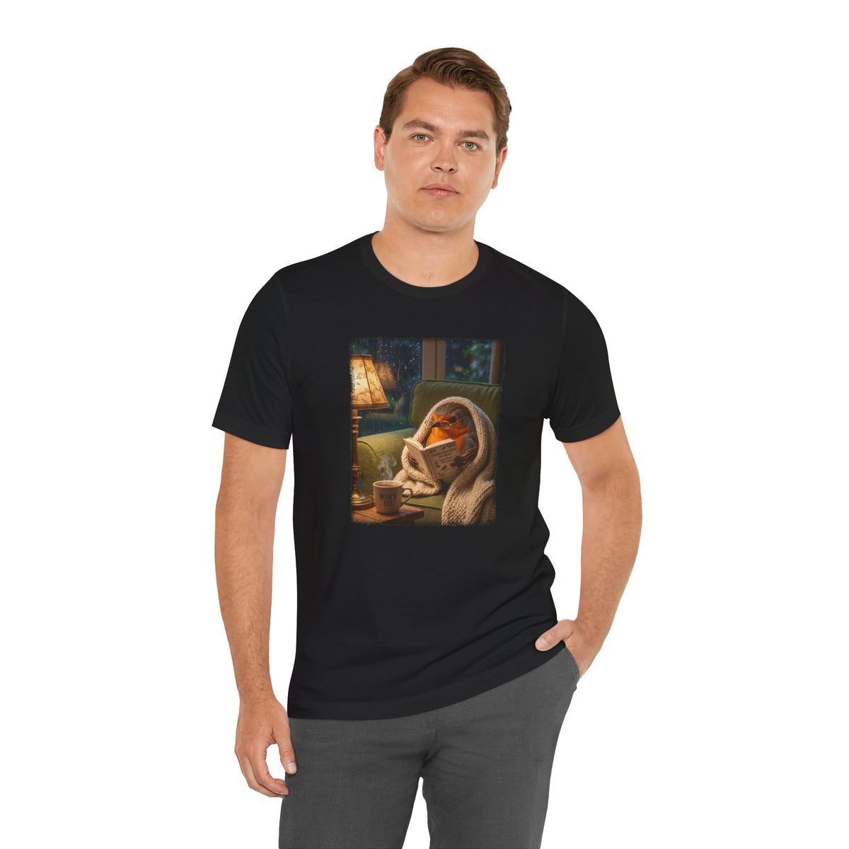 Camiseta acogedora con estampado de petirrojo y motivos de lectura | Camiseta con un lindo pájaro para amantes de los libros y un ambiente acogedor