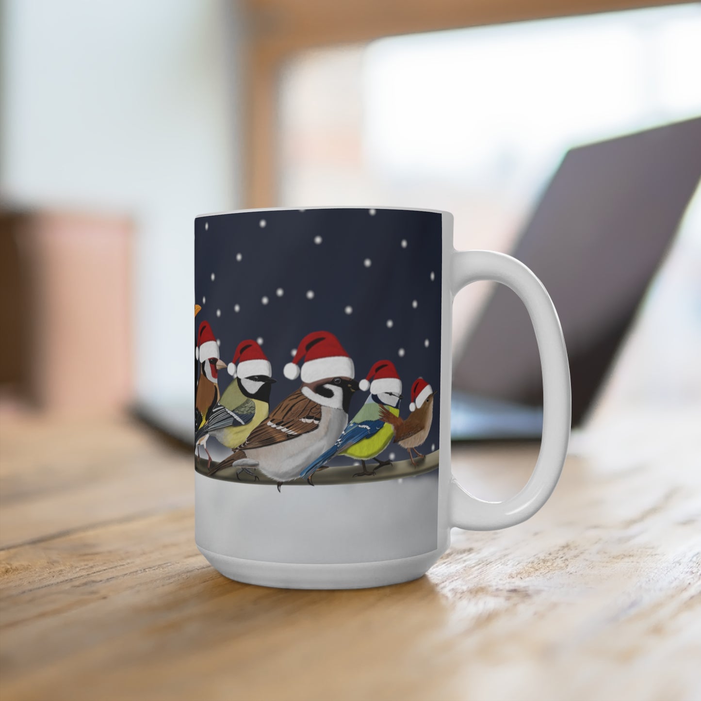 Gartenvögel auf einem Ast Amsel Rotkehlchen Feldsperling im Winter Weihnachten Schnee Vogel Tasse