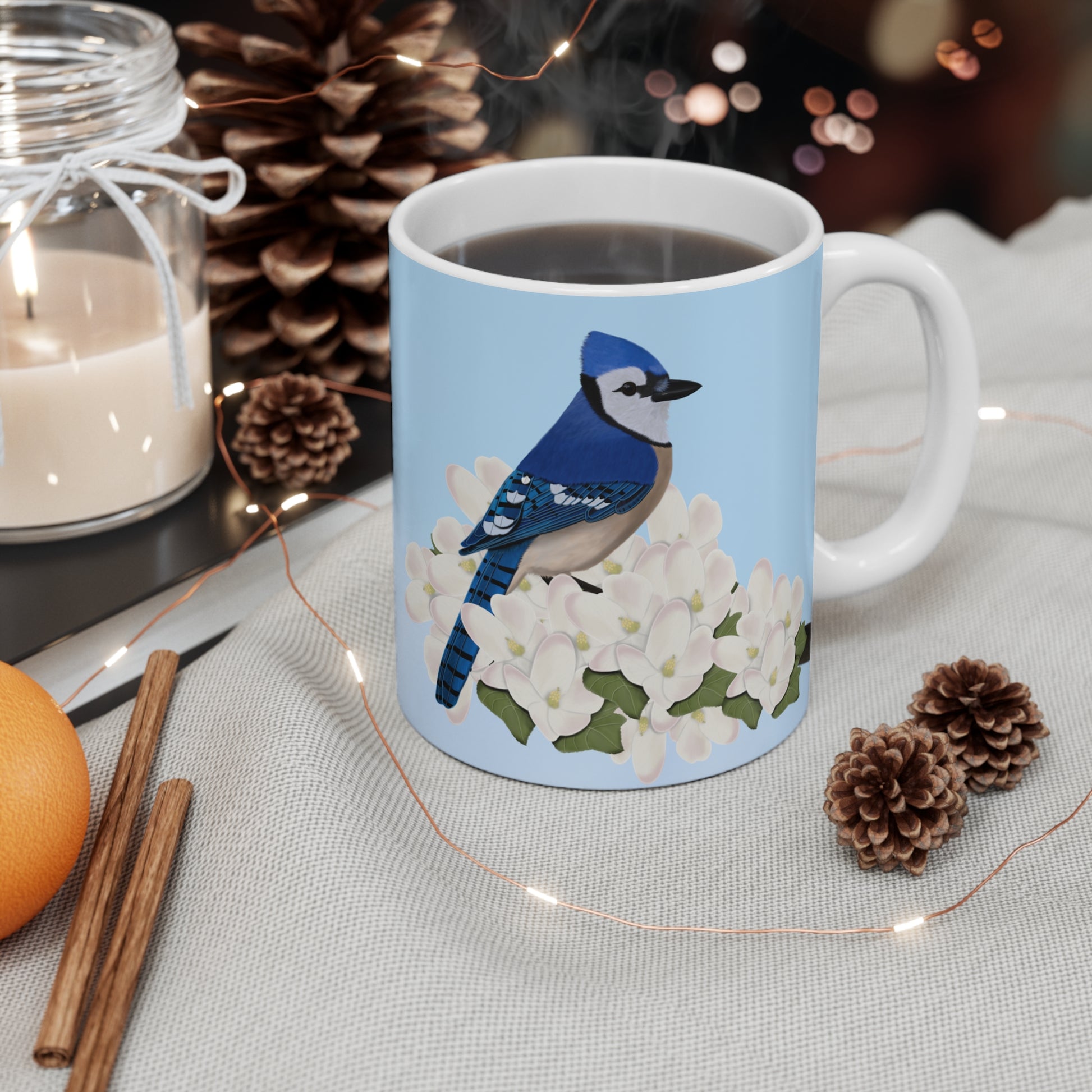 Blue Jay Apple Spring Blossoms Bird Ceramic Mug 11oz - jz.birds