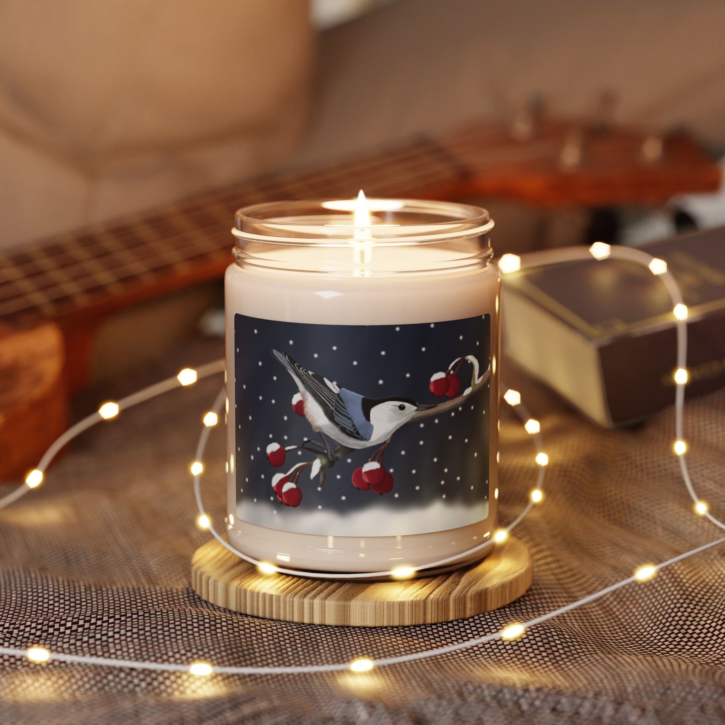Nuthatch on a Winter Branch Christmas Bird Art Scented Soy Candle, 9oz