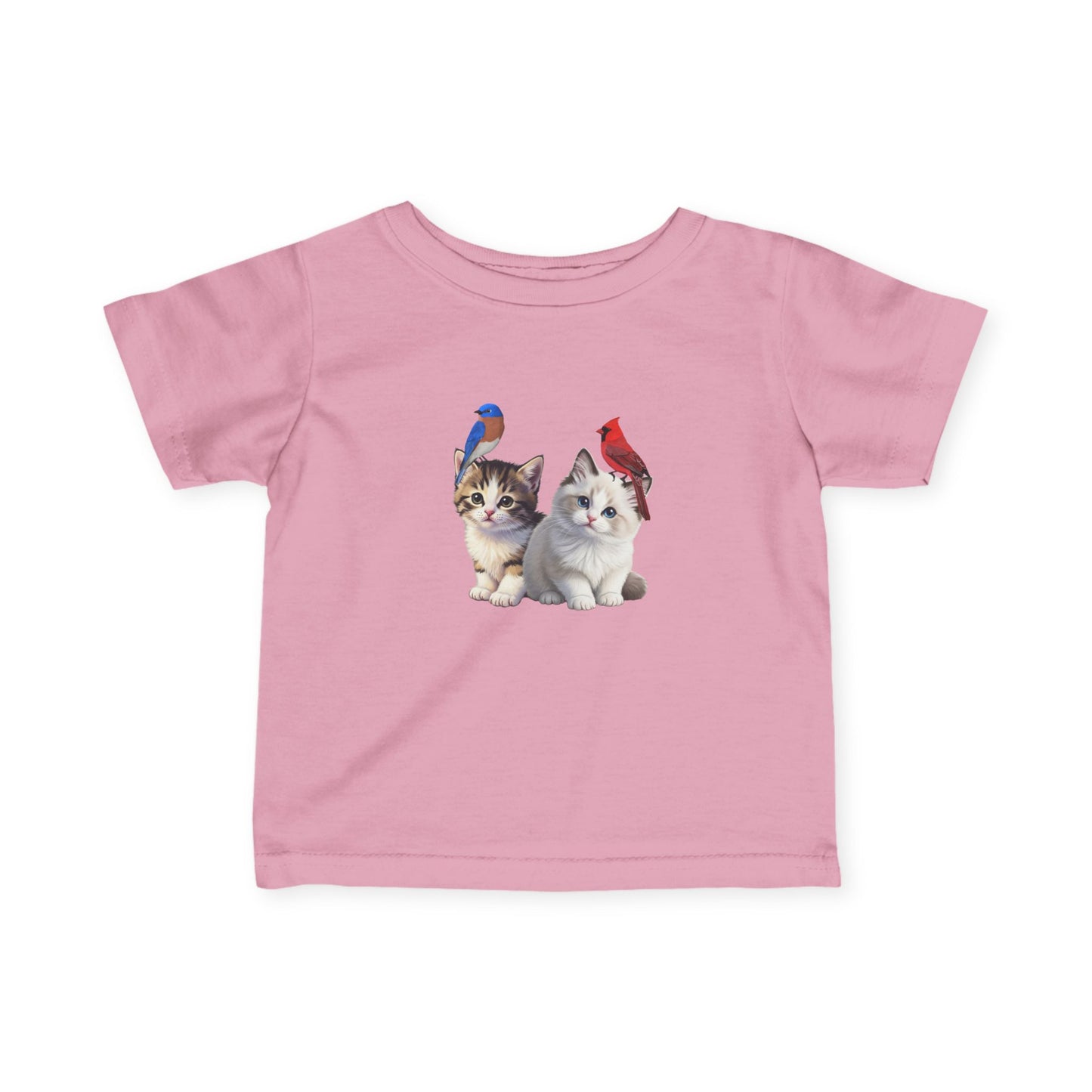Pink t-shirt with two cats and two birds on a white background