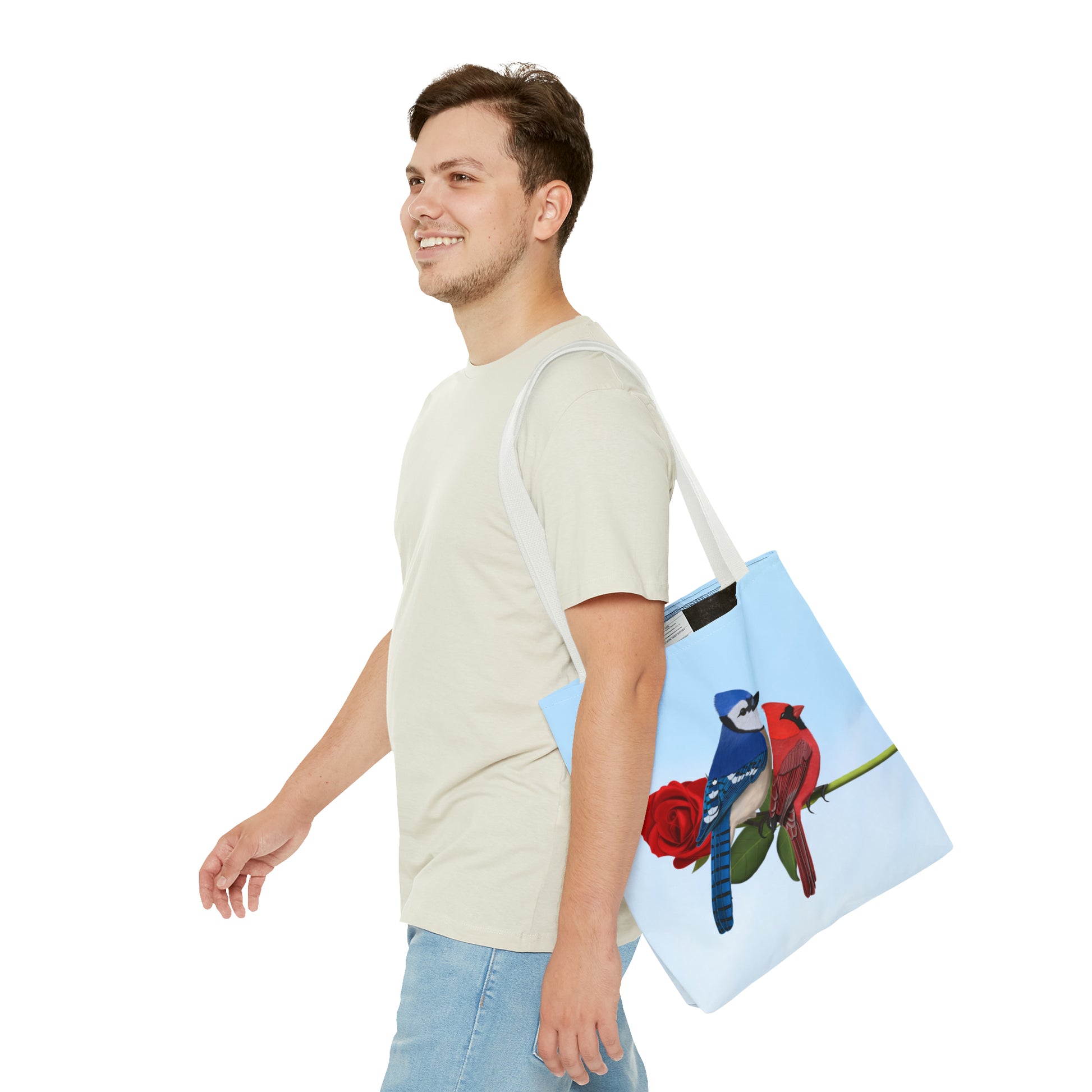 Blue Jay and Cardinal on a Rose Valentine's Day Bird Tote Bag 16"x16" - jz.birds