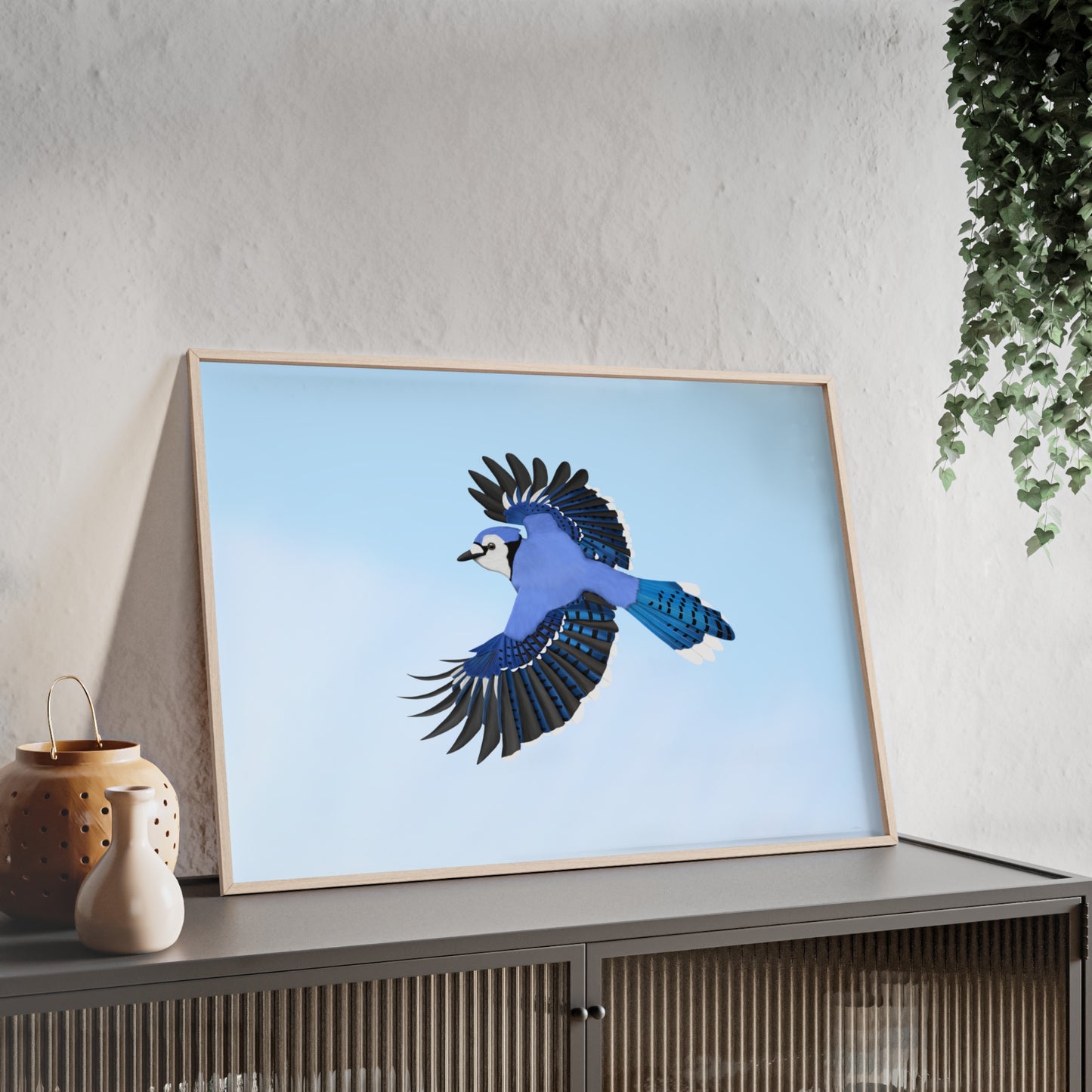Vogel Poster im Holzrahmen - Blue Jay Poster Gartenvogel Singvogel