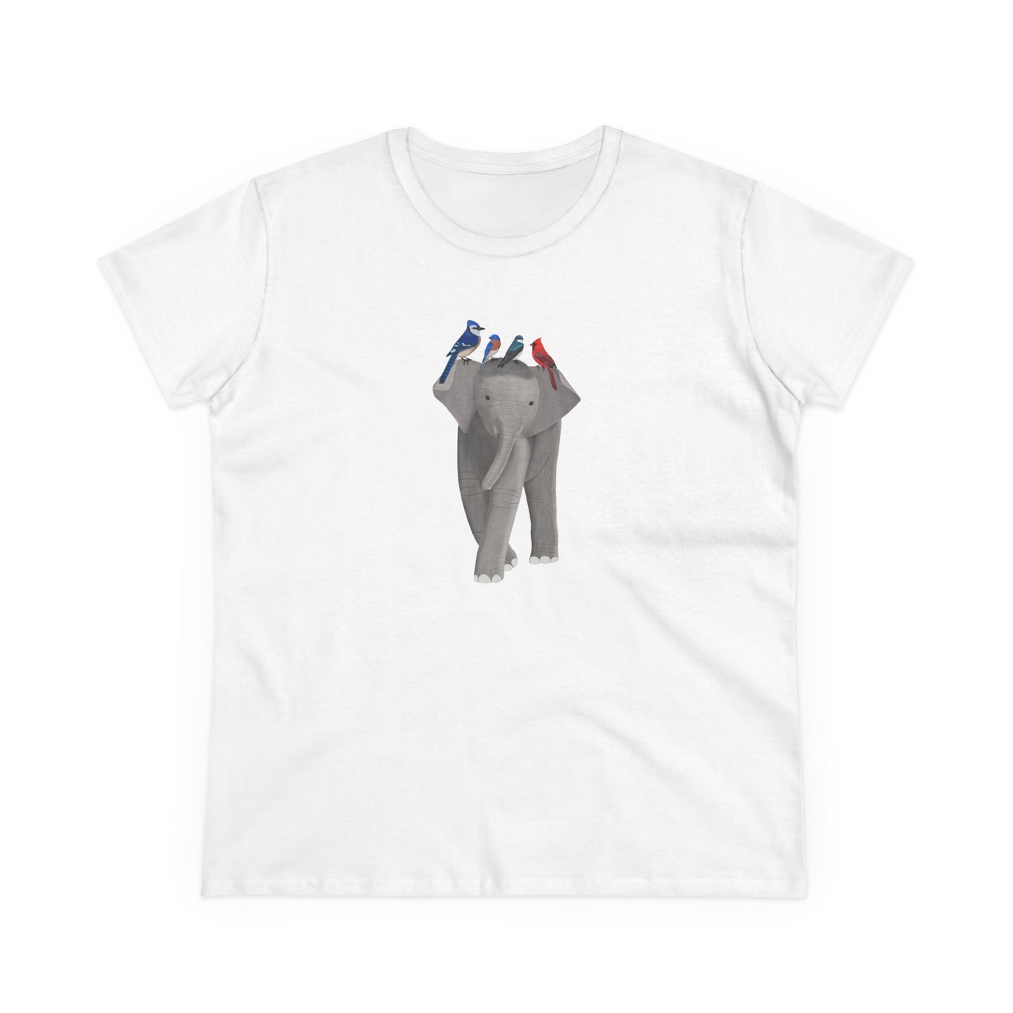 Elephant with Birds Blue Jay Cardinal Bluebird Design for Birdwatchers and Bird Lovers Women's T-Shirt