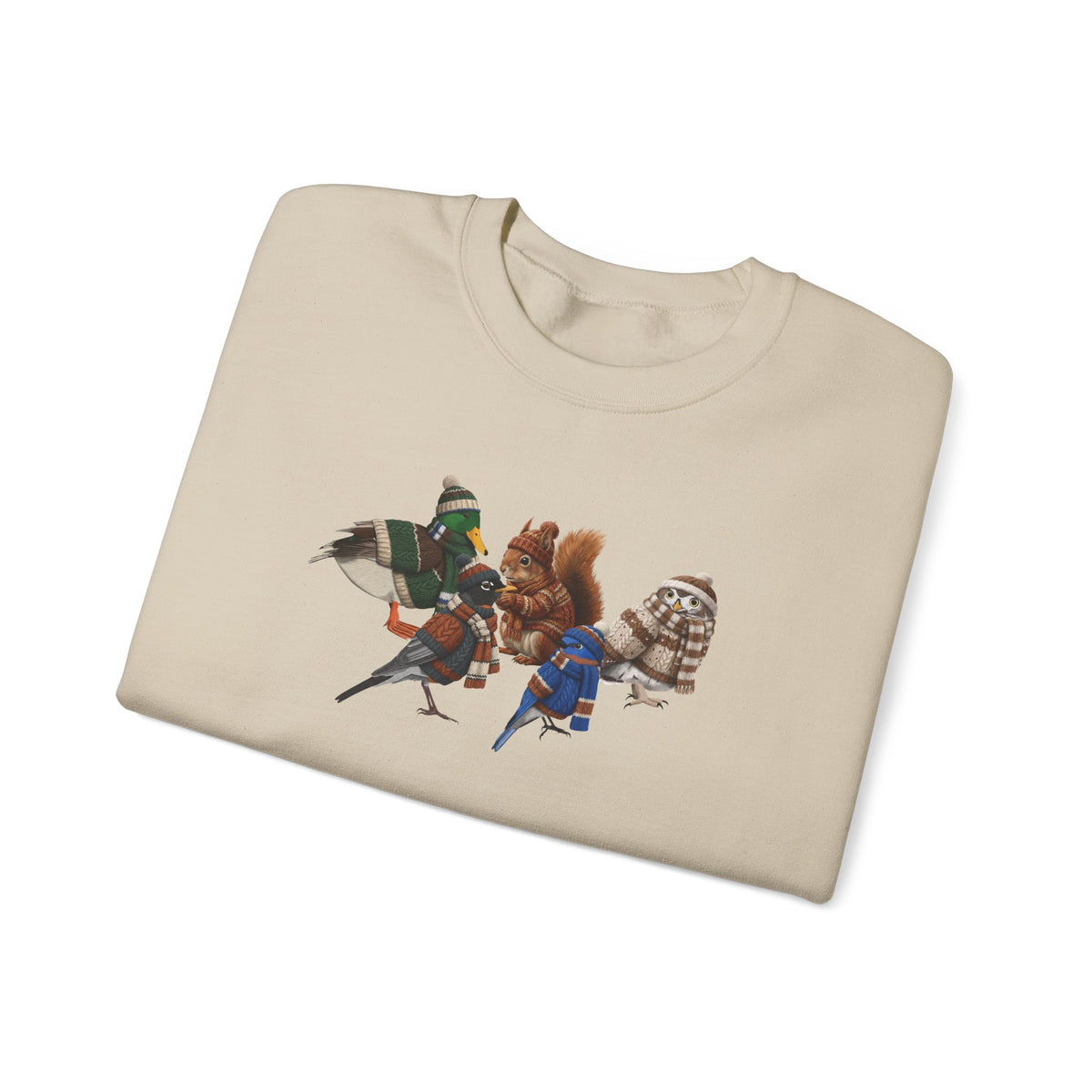 Cozy Winter Crewneck: Backyard Birds & Squirrel in Knitwear