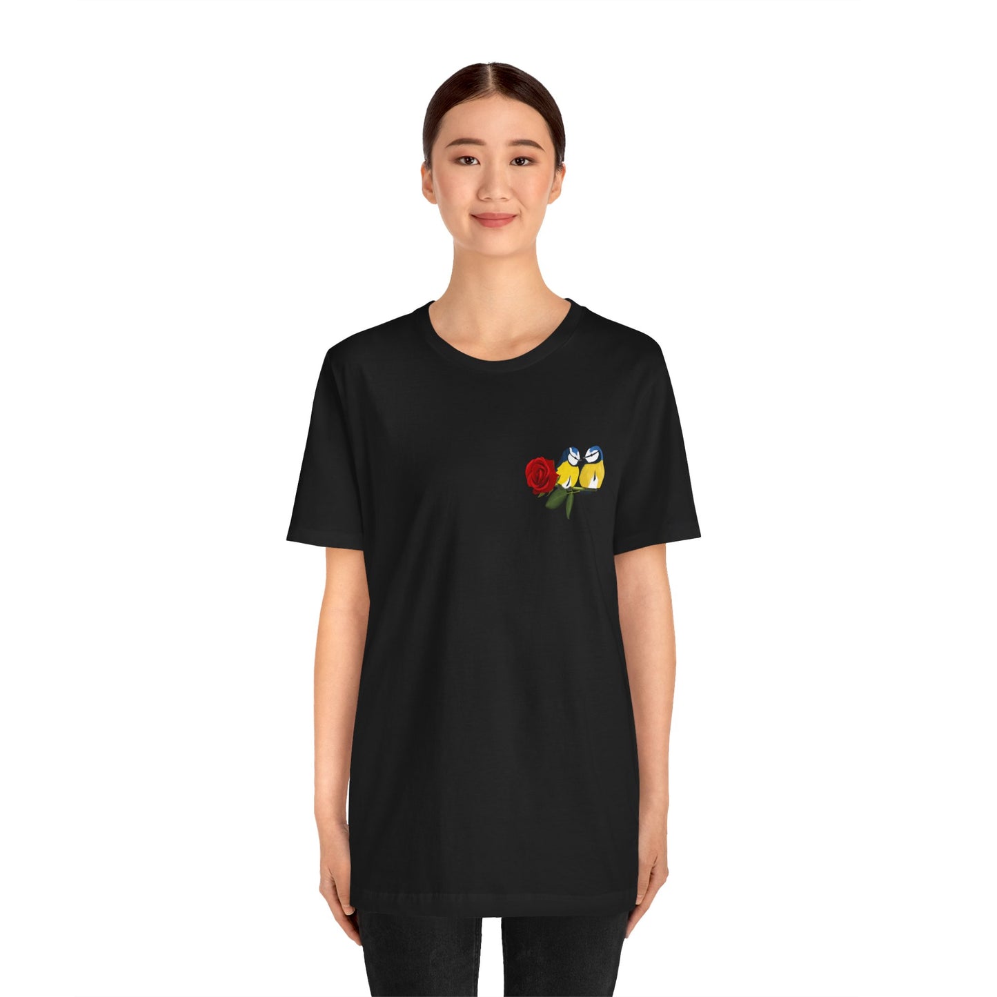 Valentine's Day Blue Titmice on Rose Unisex Tee