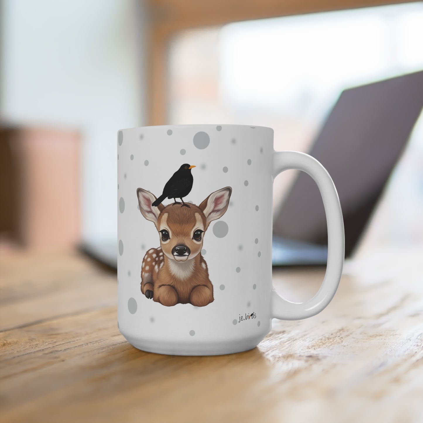 Rehkitz Tasse mit Amsel Tiermotiv Punkte Grau