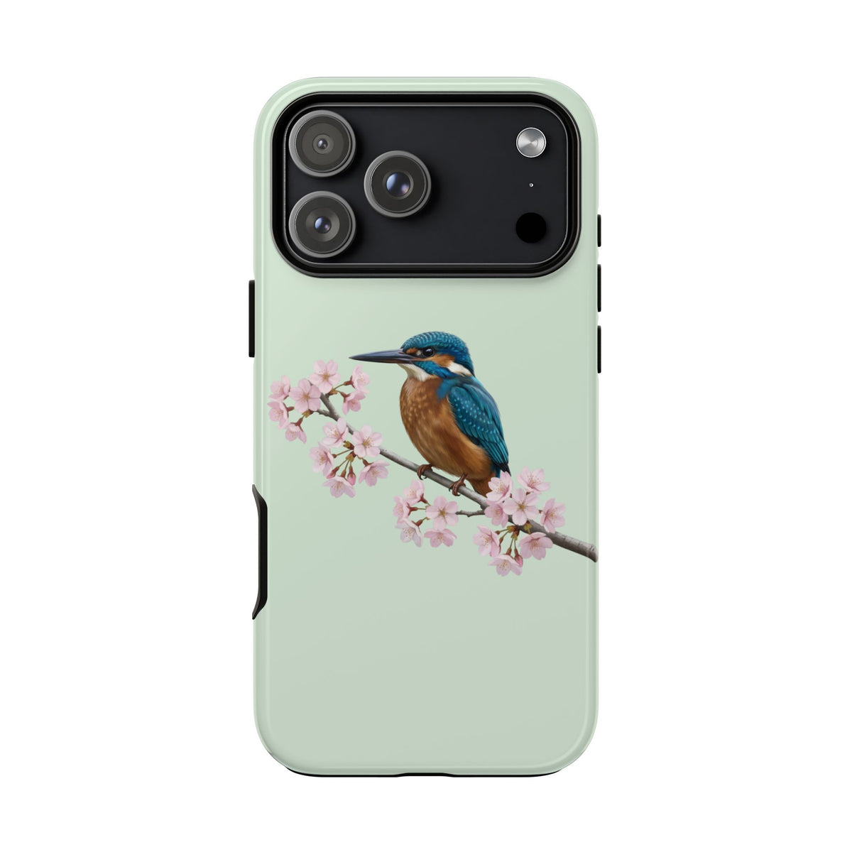 Eisvogel Handyhülle in Salbeigrün | Florales Kirschblüten Vogel-Motiv für iPhone & Google Pixel
