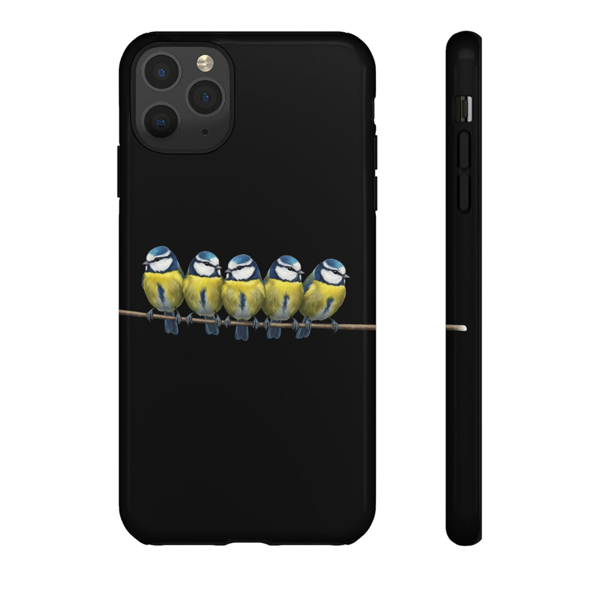 Funda premium para móvil de carbonero azul en una rama – Doble protección e impresión integral, negra