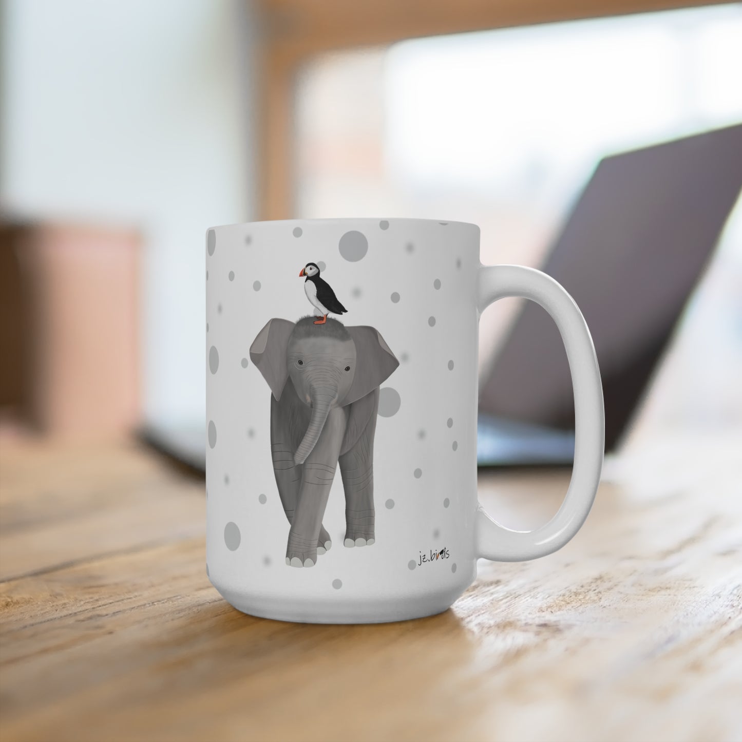 Papageitaucher auf einem Elefanten Vogel Tasse Punkte Grau