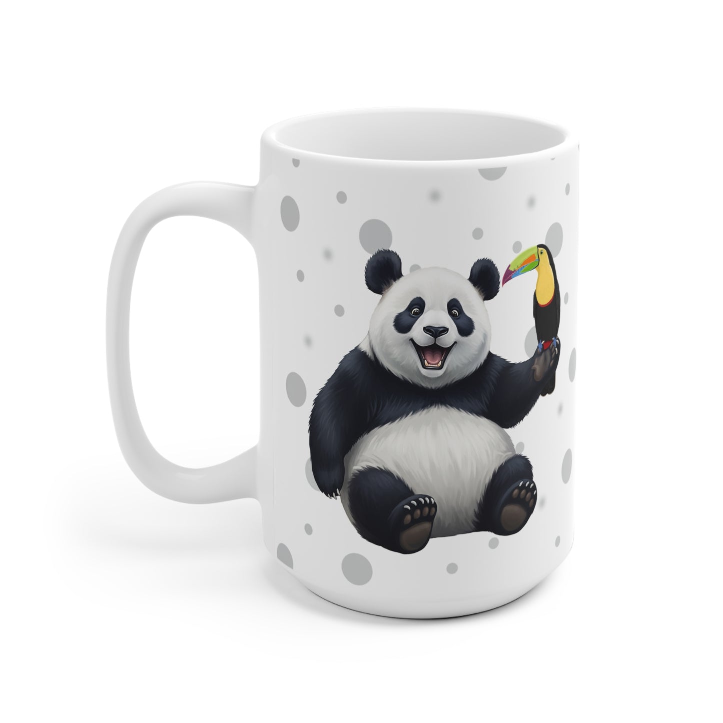 Tukan mit einem fröhlichen Panda Vogel Tiermotiv Tasse Punkte Grau