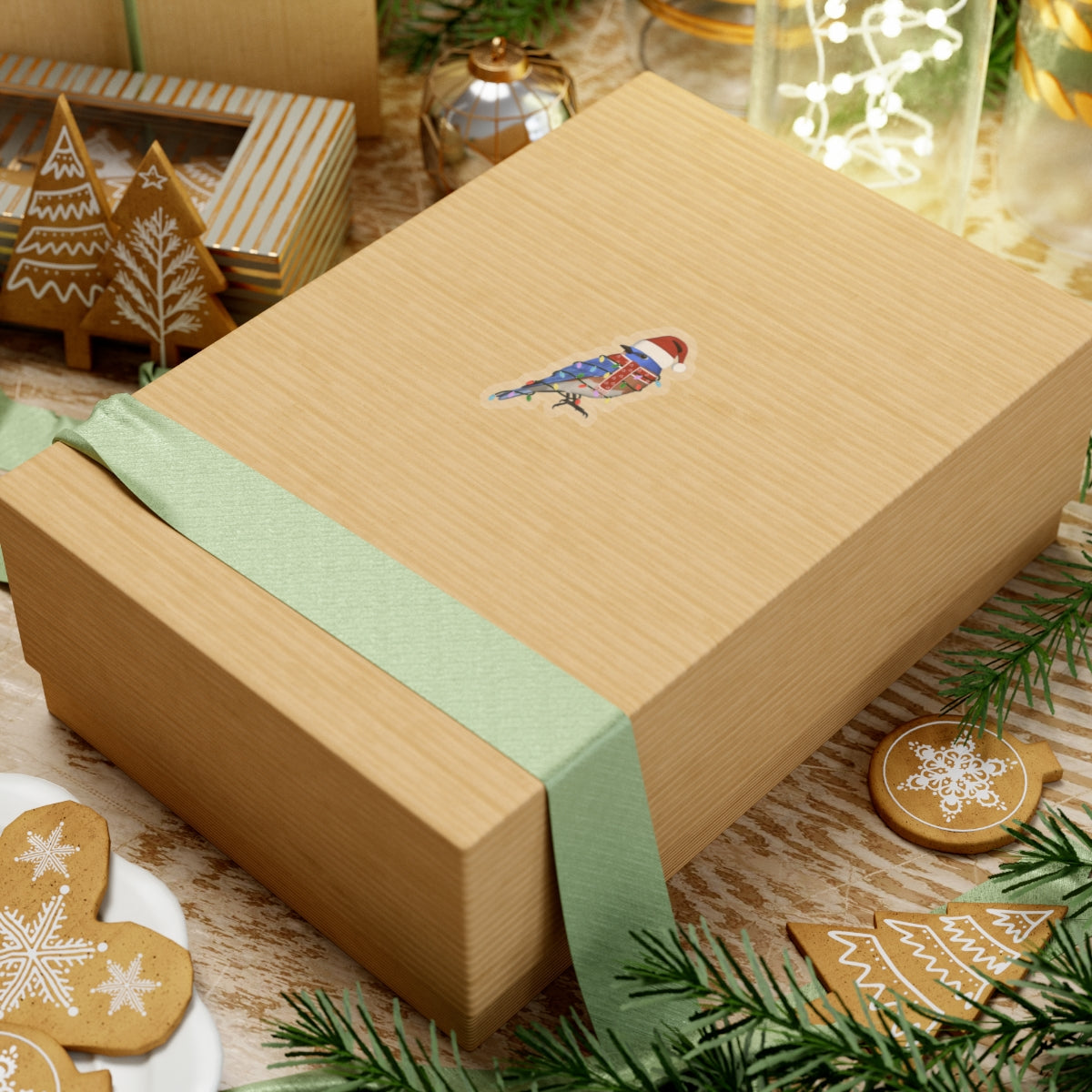 フェアリーライトとサンタクロースの帽子とスカーフをつけた青い鳥のクリスマス鳥ステッカー