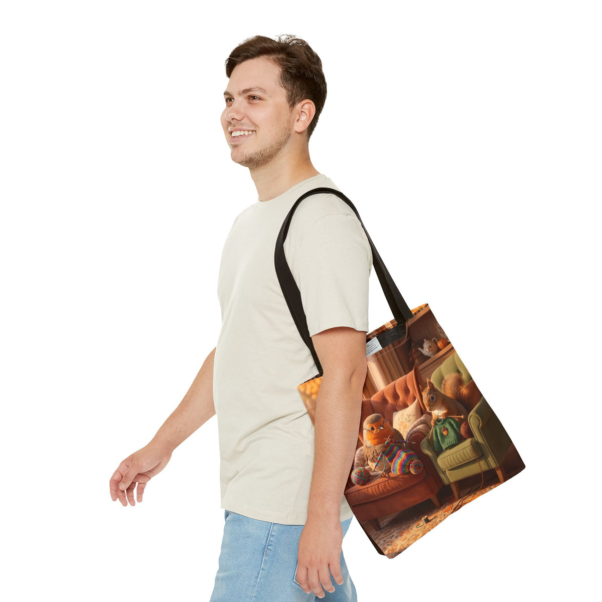Sac fourre-tout Après-midi tricot douillet – Tote bag en tissu à imprimé intégral Rosi Rougegorge & Écureuil