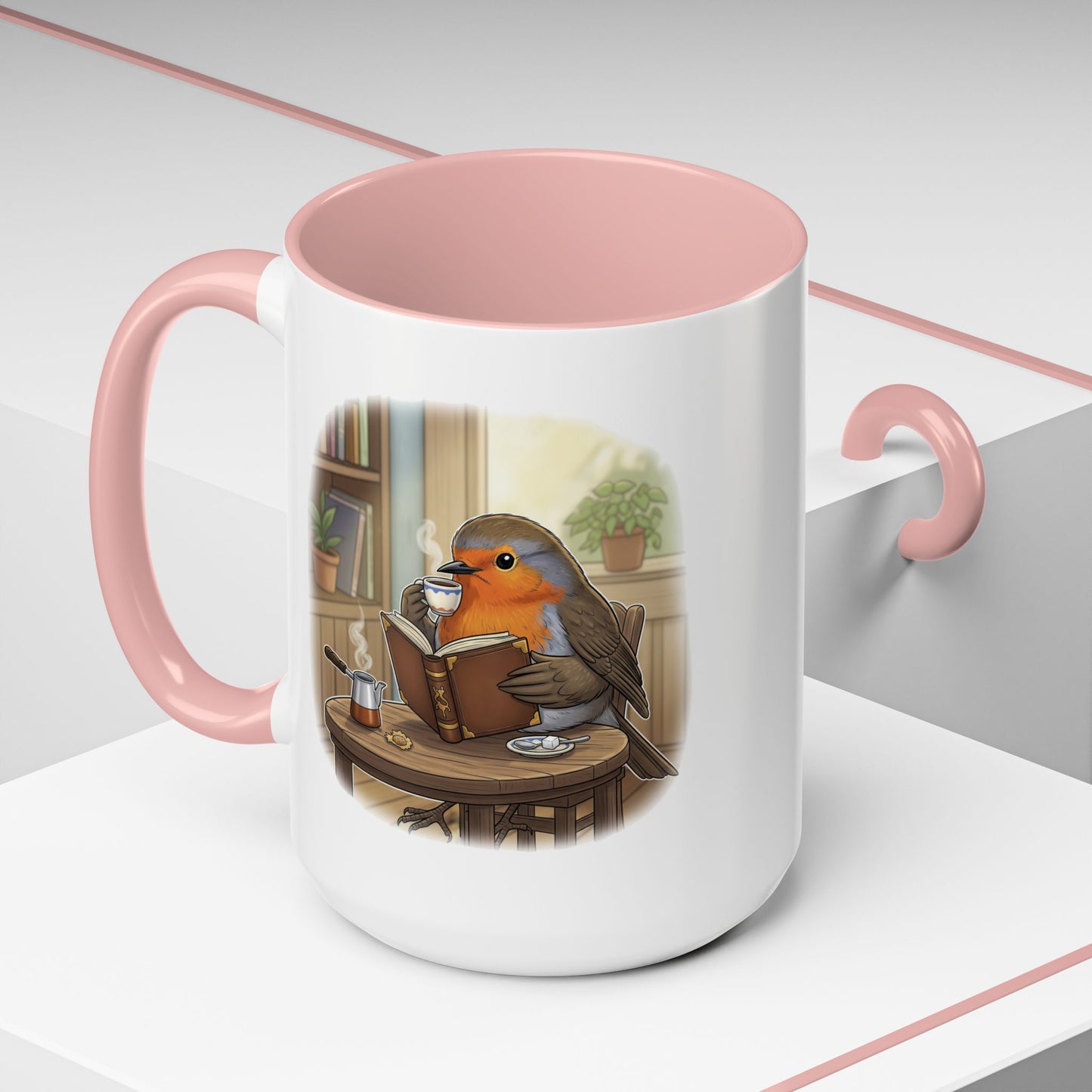 Robin Reads Books and Drinks Coffee Bird Mug for Bird and Book Lovers