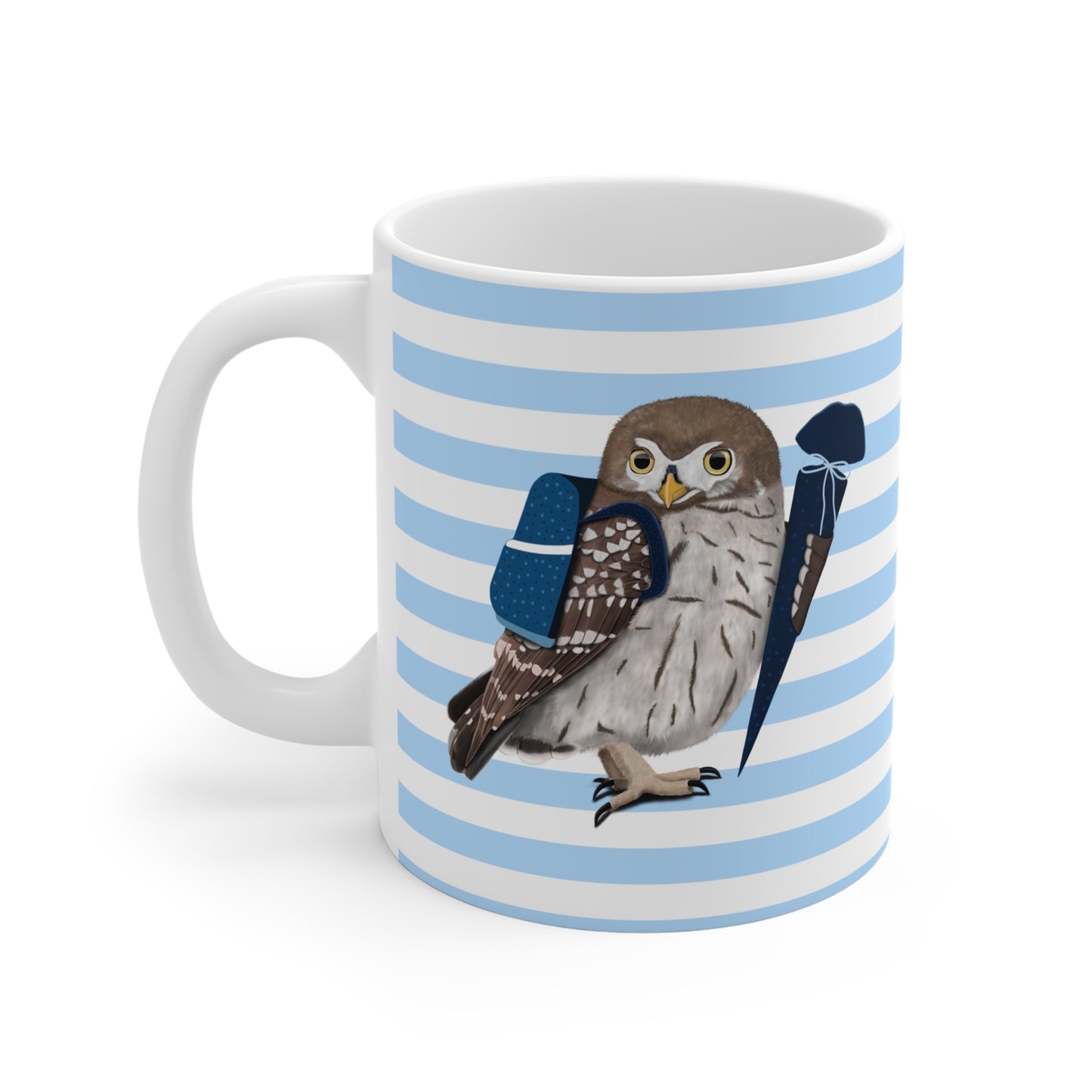 Eule Vogel Tasse als Geschenk zur Einschulung Blau Weiß