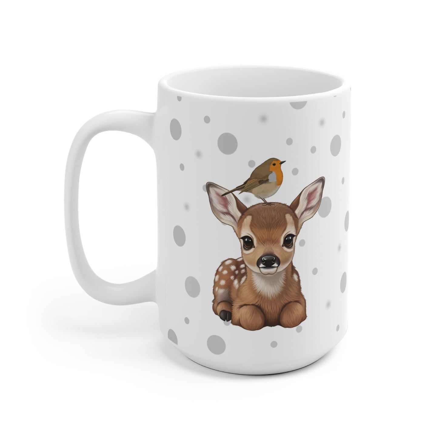 Rehkitz Tasse mit Rotkehlchen Tiermotiv Punkte Grau