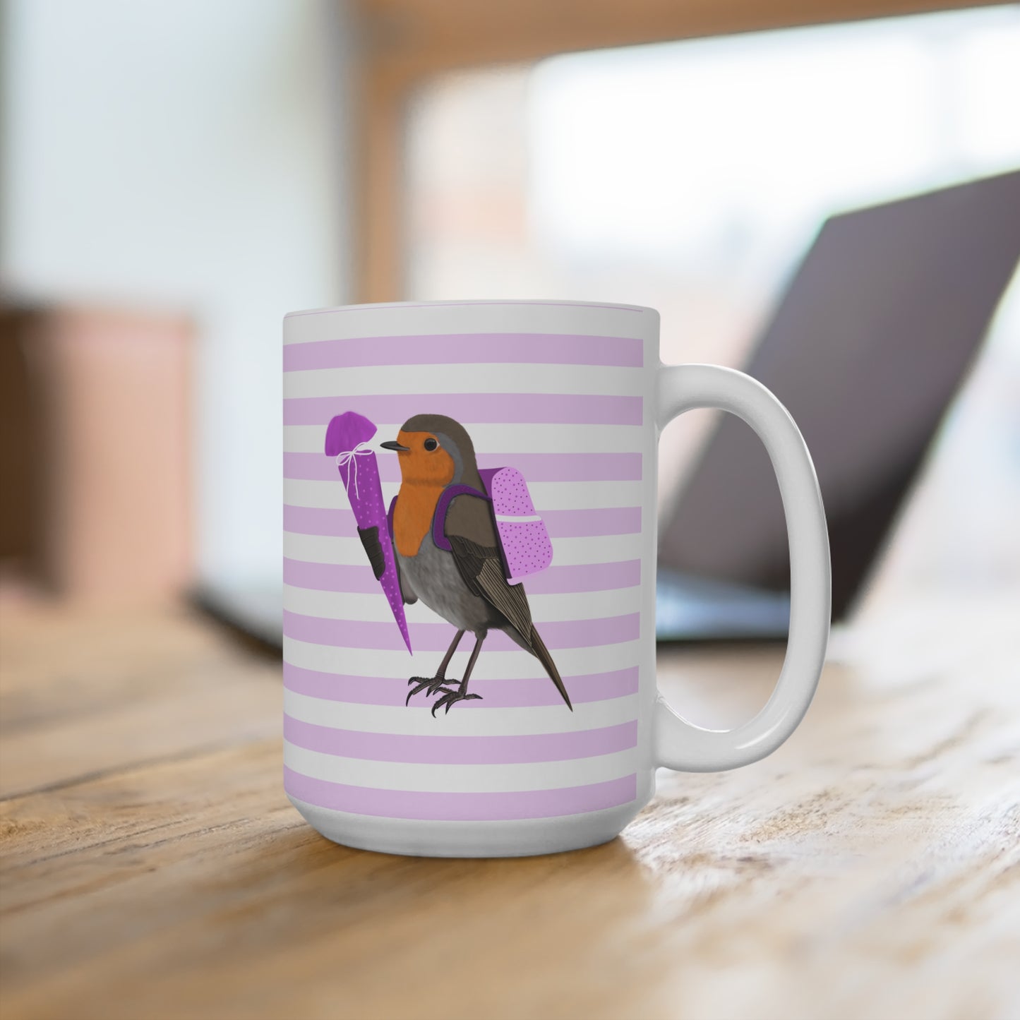 Rotkehlchen Vogel Tasse als Geschenk zur Einschulung Rosa Weiß