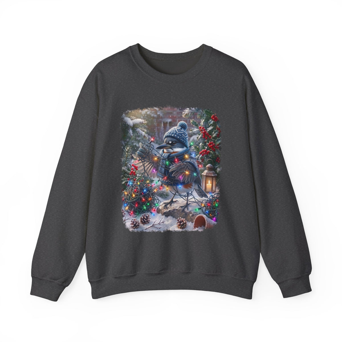 A dark gray crewneck sweatshirt featuring a large, colorful graphic print on the front of a snowy winter scene with a belted kingfisher, Christmas lights, and pinecones.