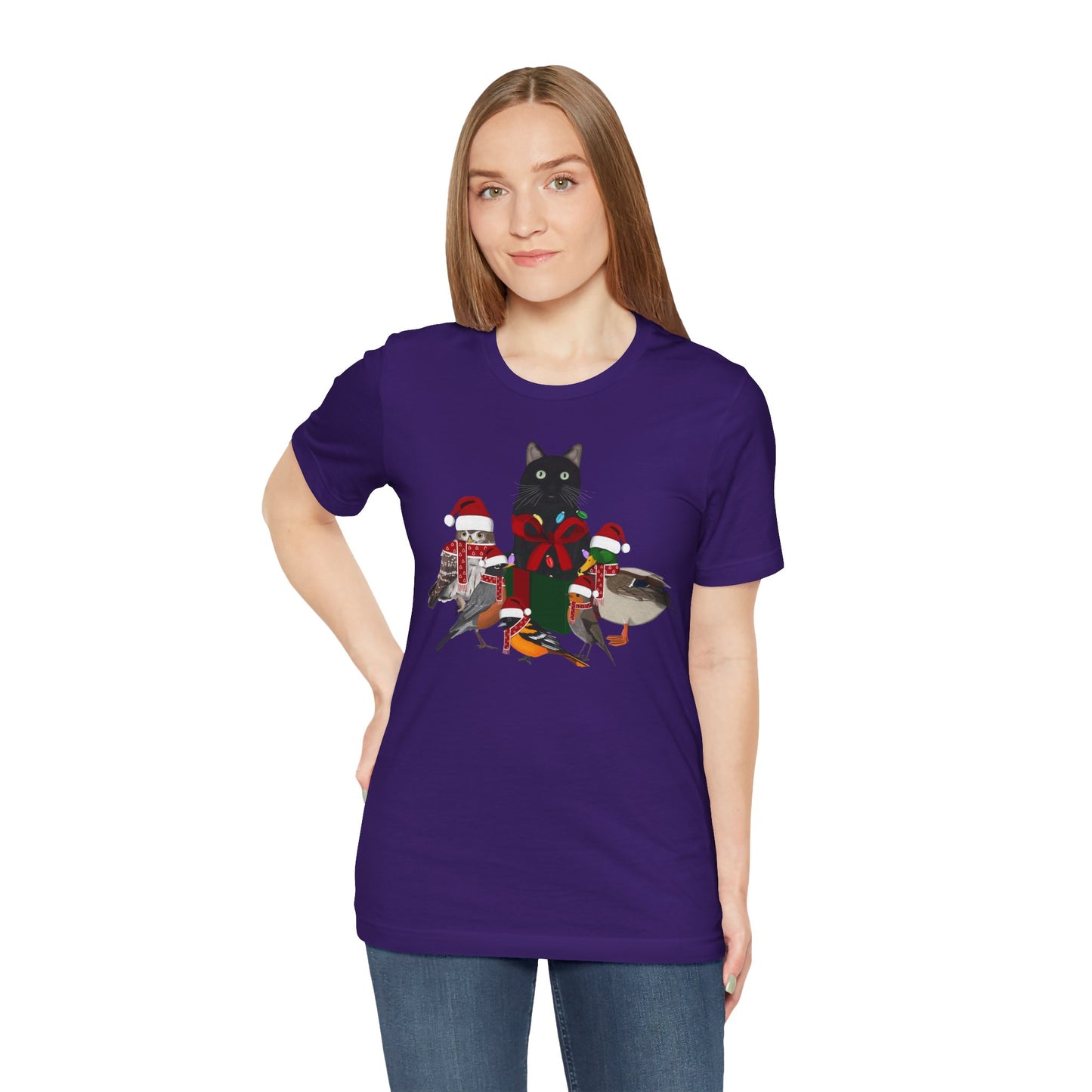 Robin Mallard Oriole Owl with Cat in a Box and Fairy Lights Christmas Bird T-Shirt