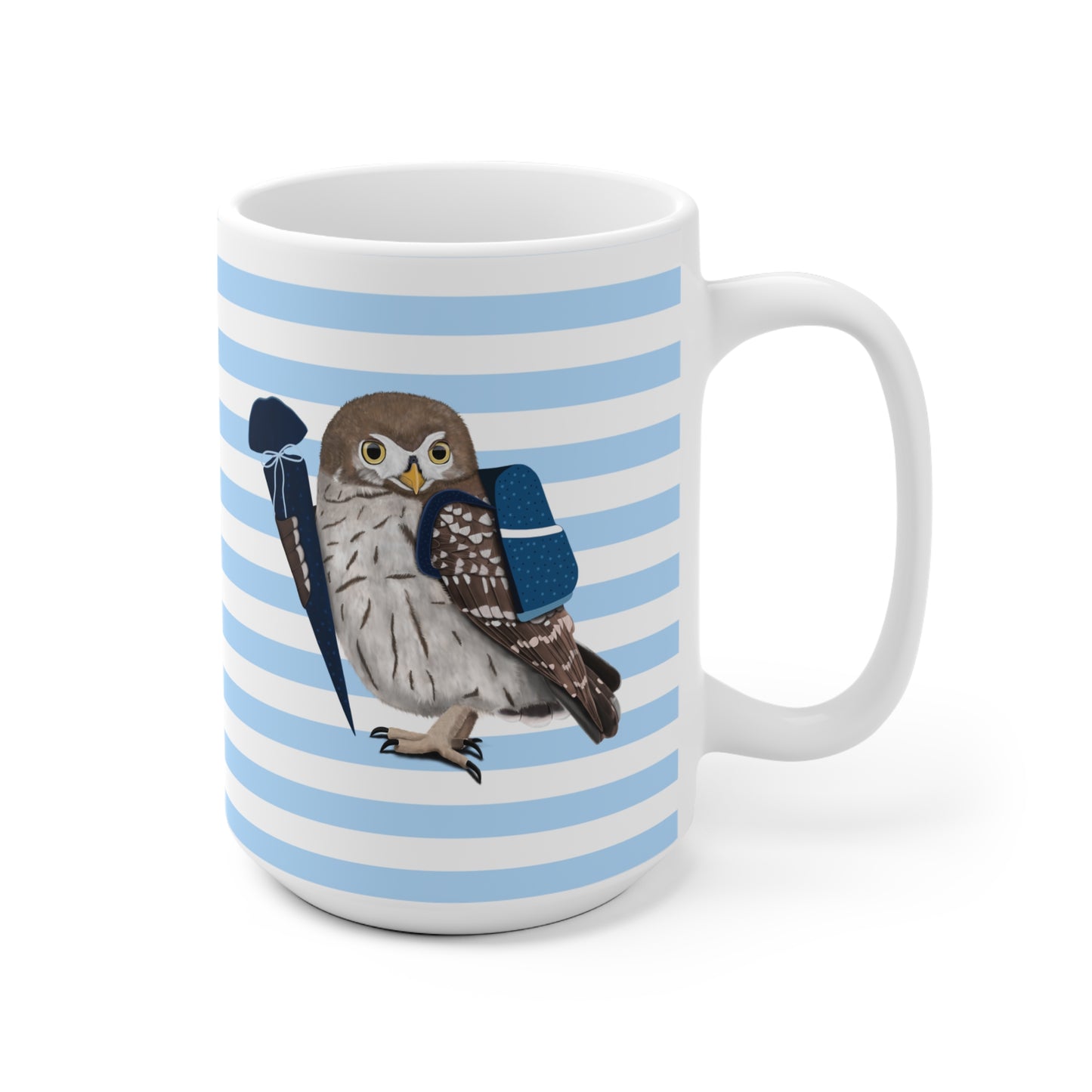 Eule Vogel Tasse als Geschenk zur Einschulung Blau Weiß