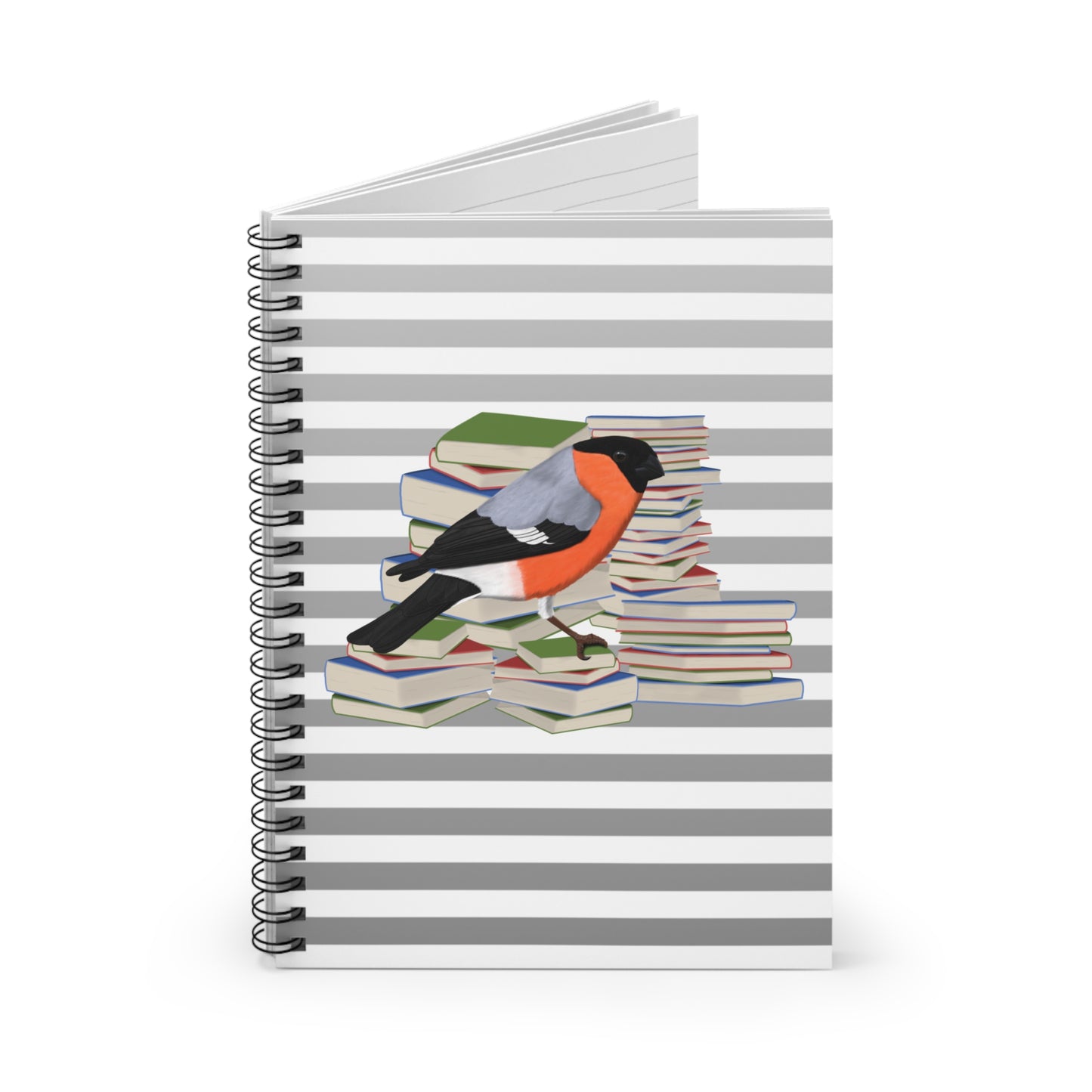 Bullfinch Bird with Books Birdlover Bookworm Spiral Notebook Ruled Line 6" x 8"