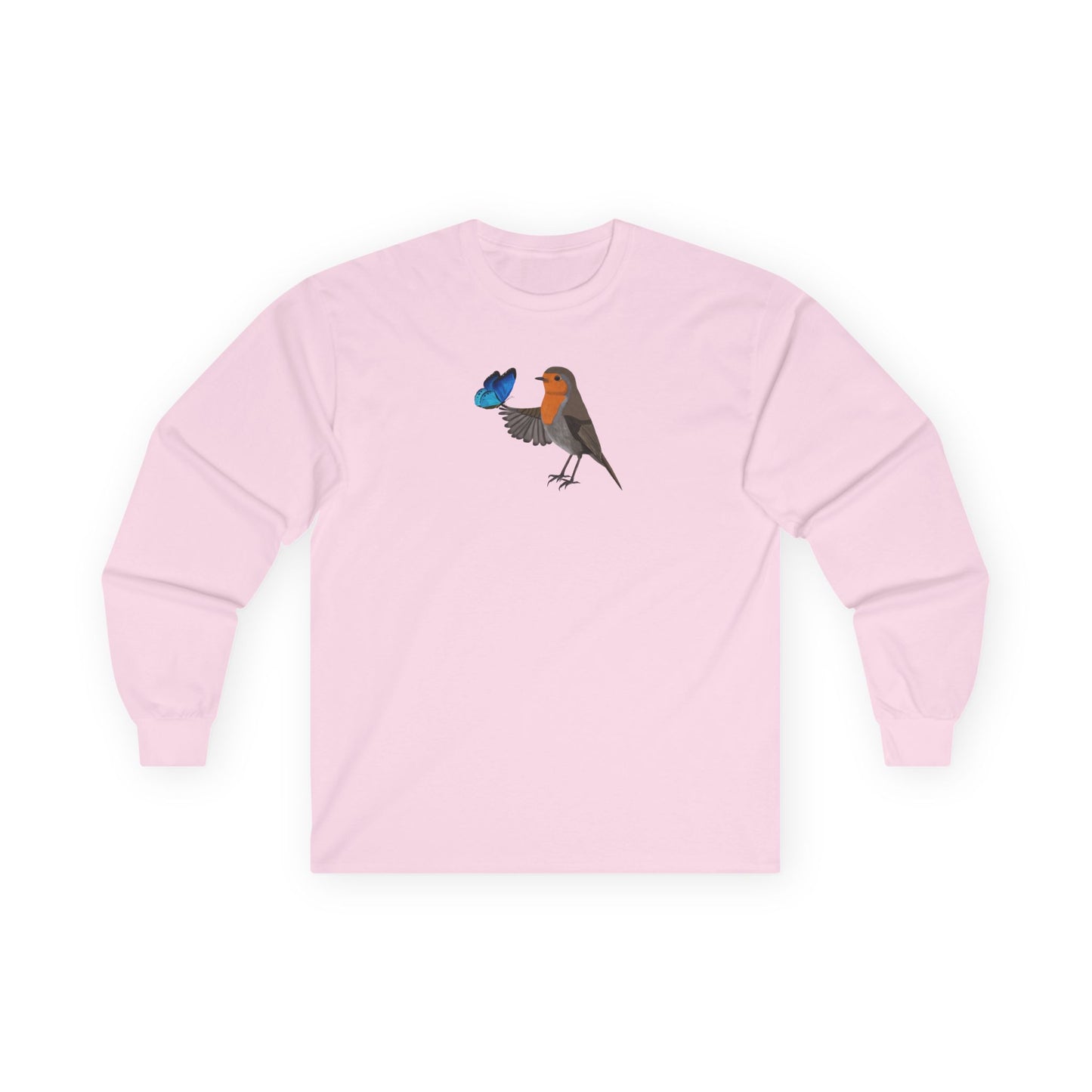 Robin with Butterfly Birding & Birdwatching Bird Cotton Long Sleeve T-Shirt