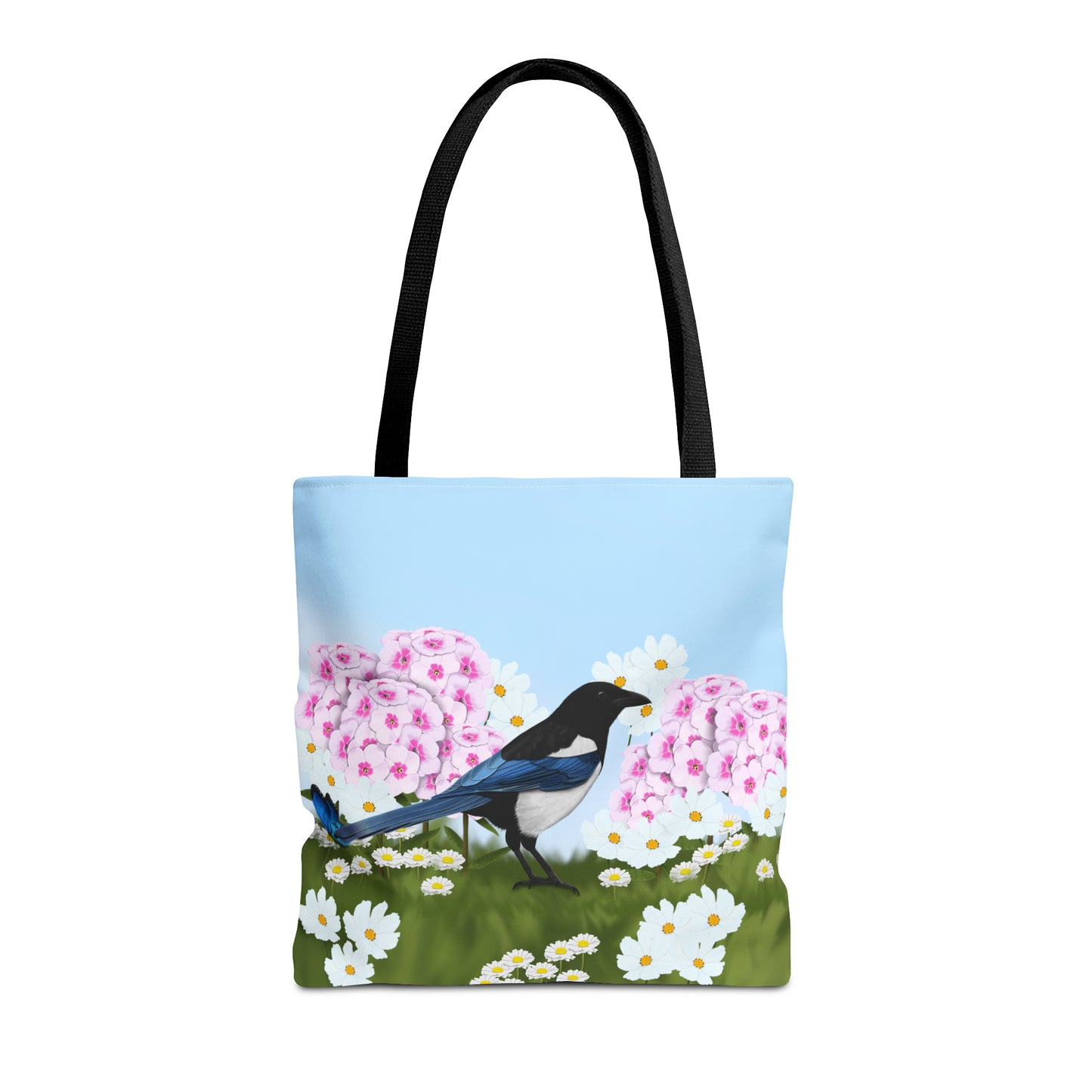 Magpie in Summer Flowers Bird Tote Bag 16"x16"