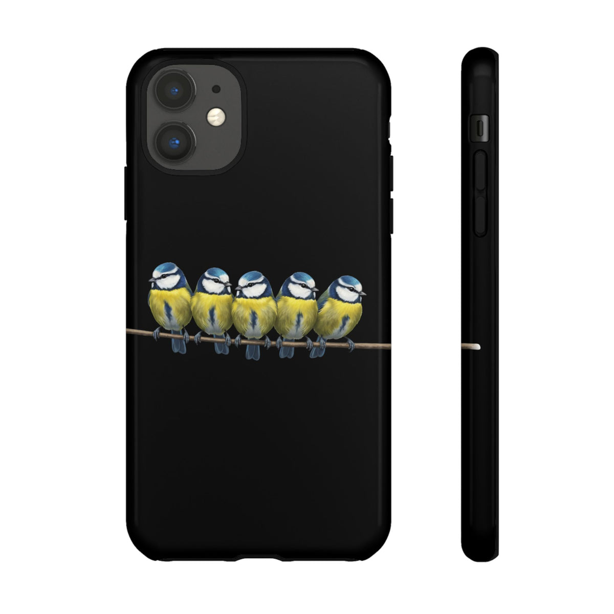 Funda premium para móvil de carbonero azul en una rama – Doble protección e impresión integral, negra