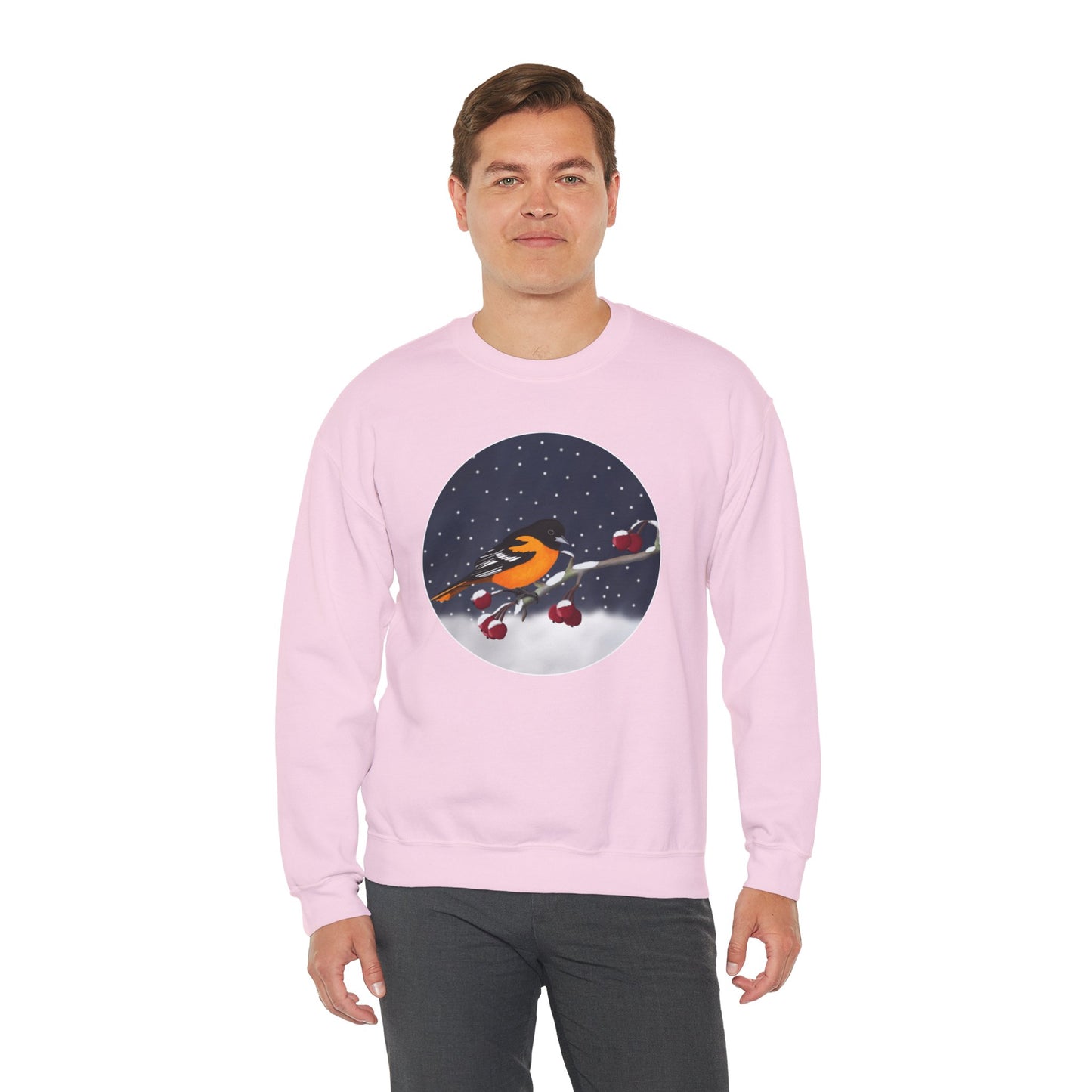 Baltimore Oriole on a Winter Branch Birdwatcher Christmas Bird Sweatshirt